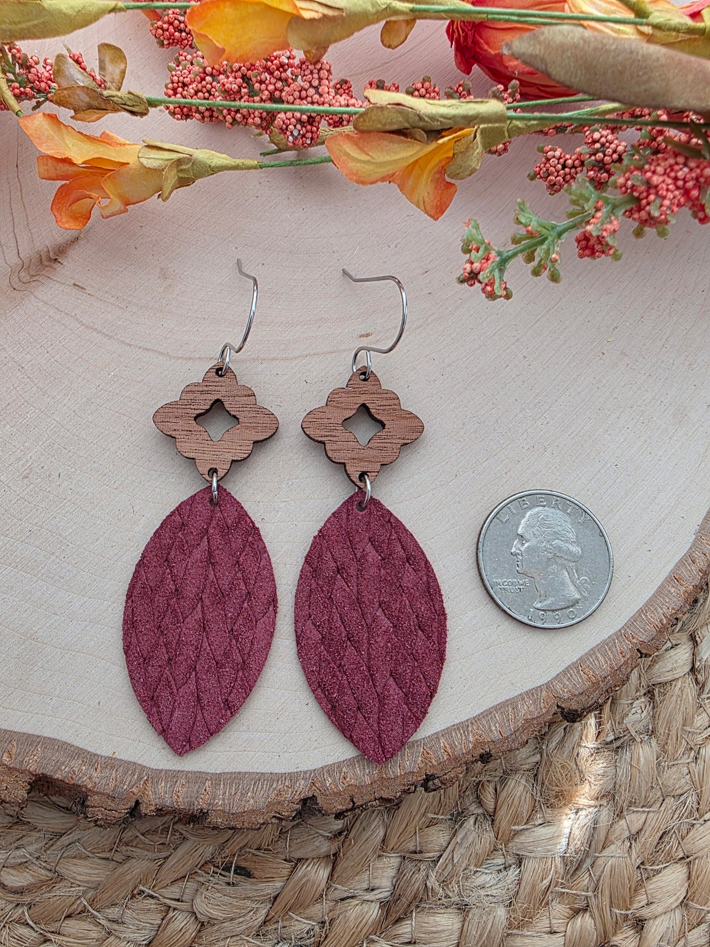 Merlot Red Leather Leaf Earrings