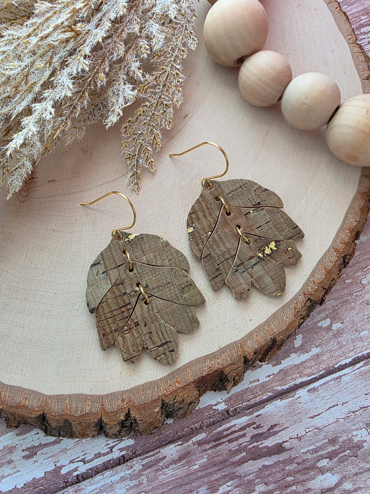Olive Green & Gold Tiered Leaf Earrings