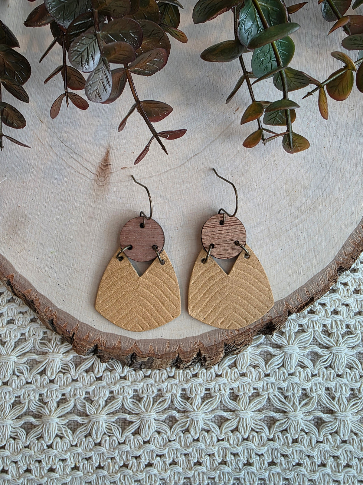 Geometric Boho Embossed Chevron Earrings - Tan