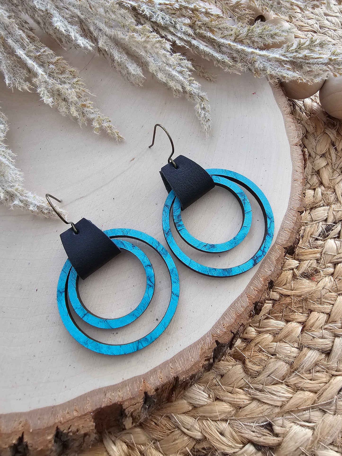 Turqouise & Black Leather & Wood Hoop Earrings