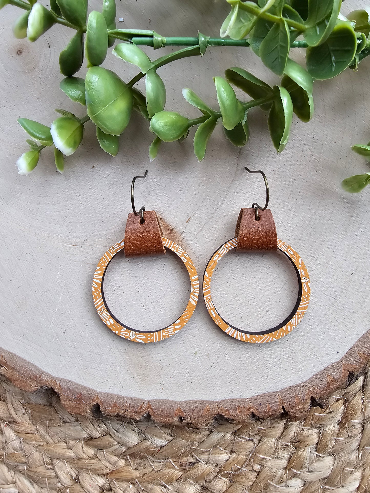 Mustard Boho Brown Leather & Single Wood Hoop Earrings