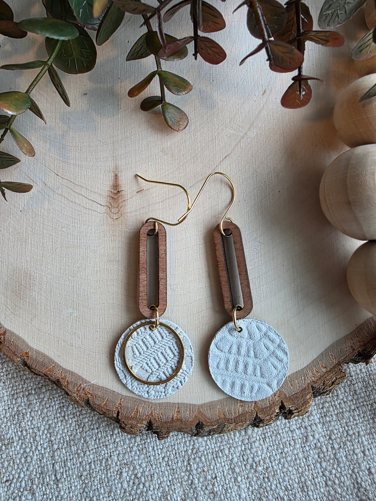 Beige & Gold Round Drop Earrings