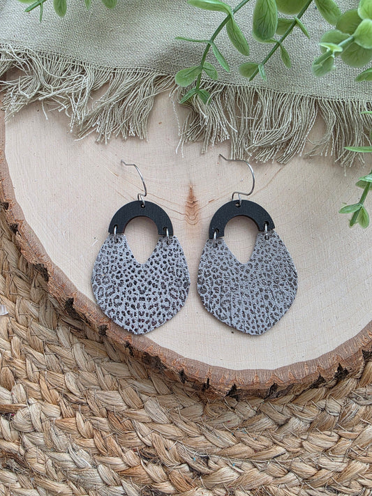 Metallic Silver Micro-Leopard Print Fringe Swoop Earrings