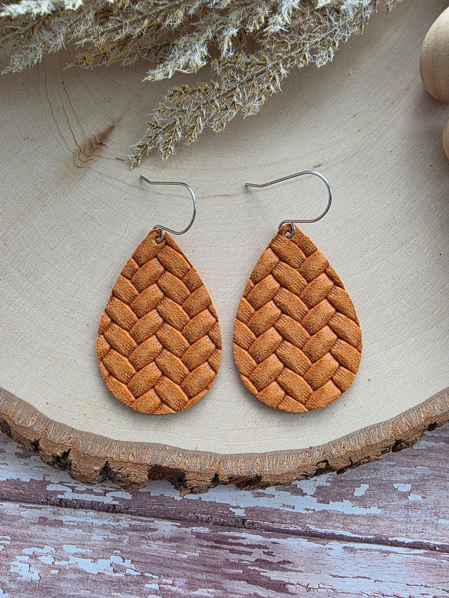 Ginger Orange Box Braid Teardrop Earrings - Medium