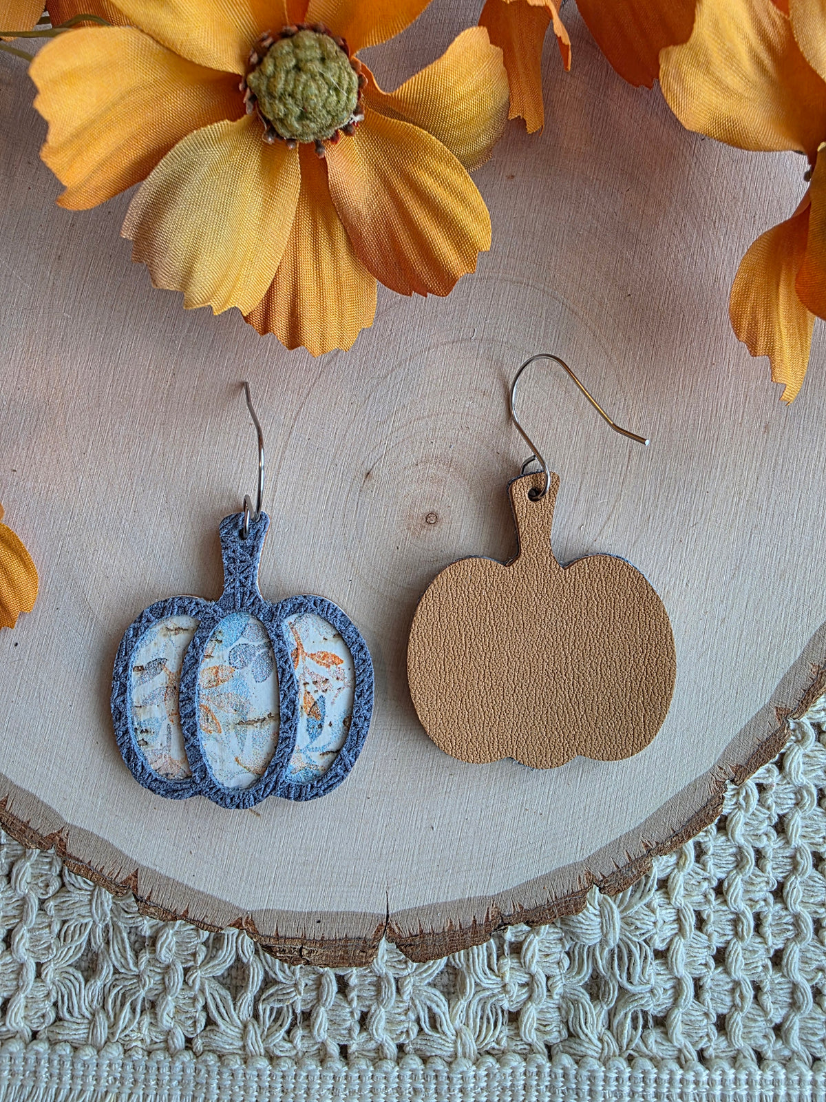 Whimsy Gray Blue Floral Pumpkin Earrings