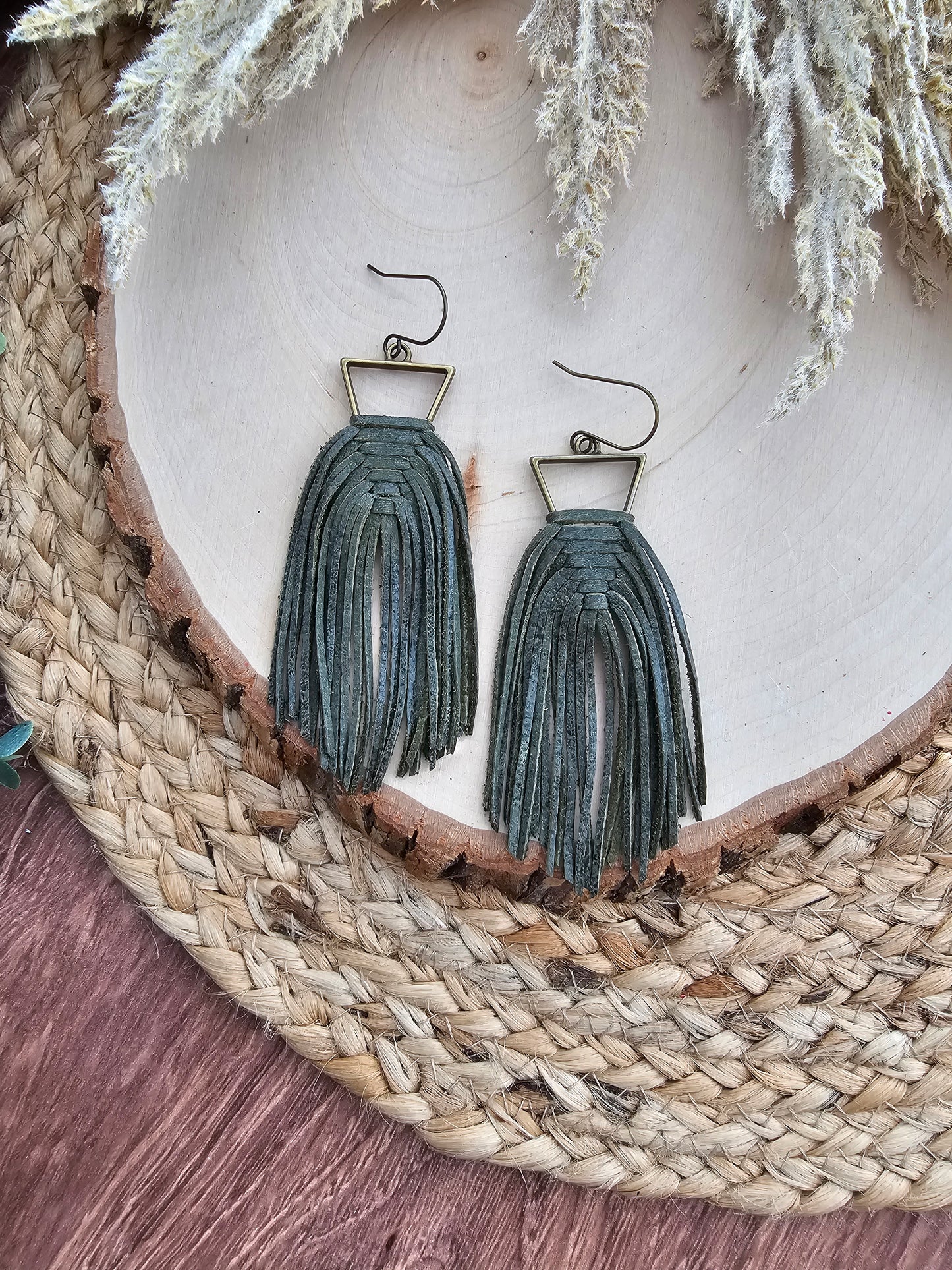 Olive Green Leather Woven Triangle Fringe Statement Earrings