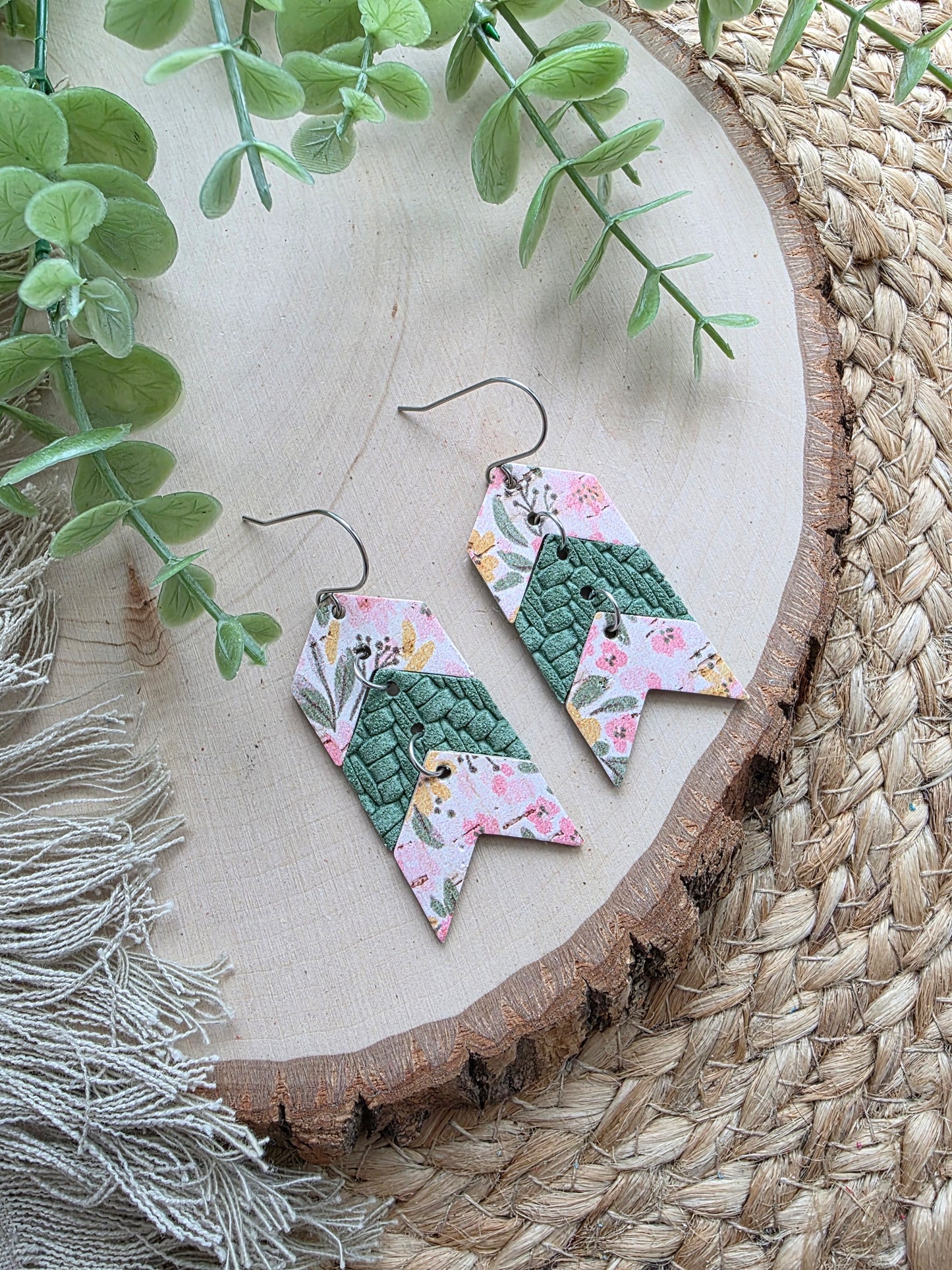 Pink & Green Floral Triple Chevron Arrow Earrings