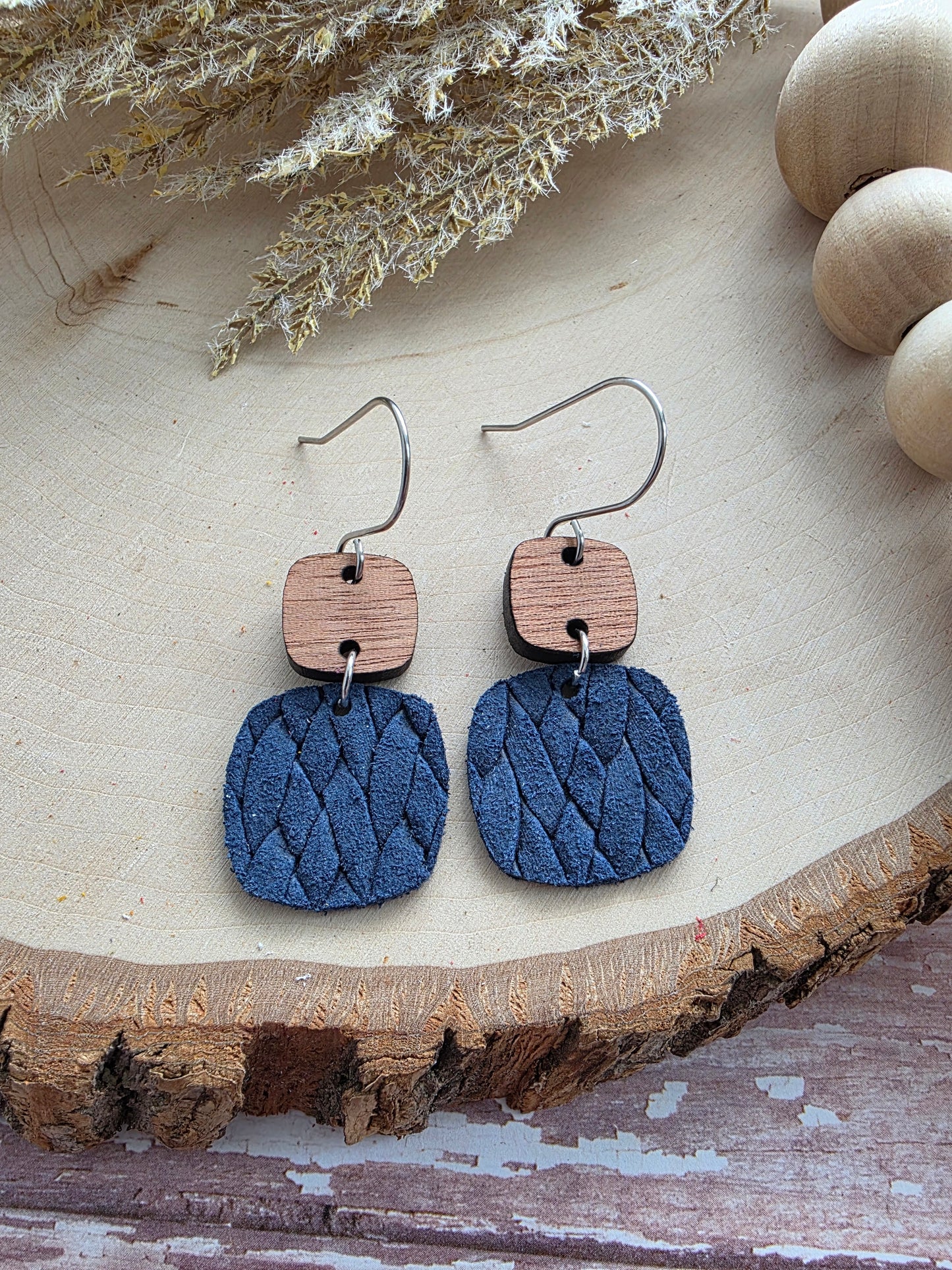 Navy Blue Braid Embossed Rounded Square Earrings