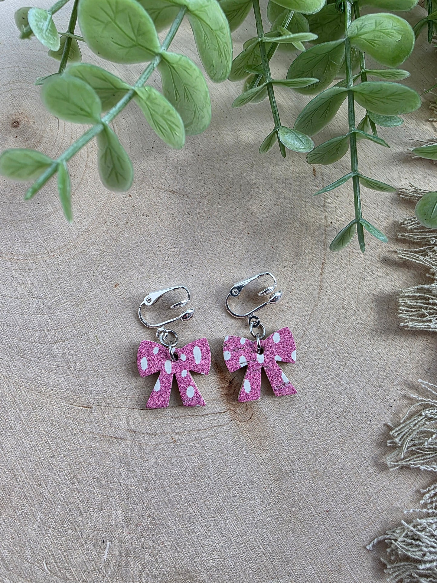Pink Dotted Bow Clip On Earrings