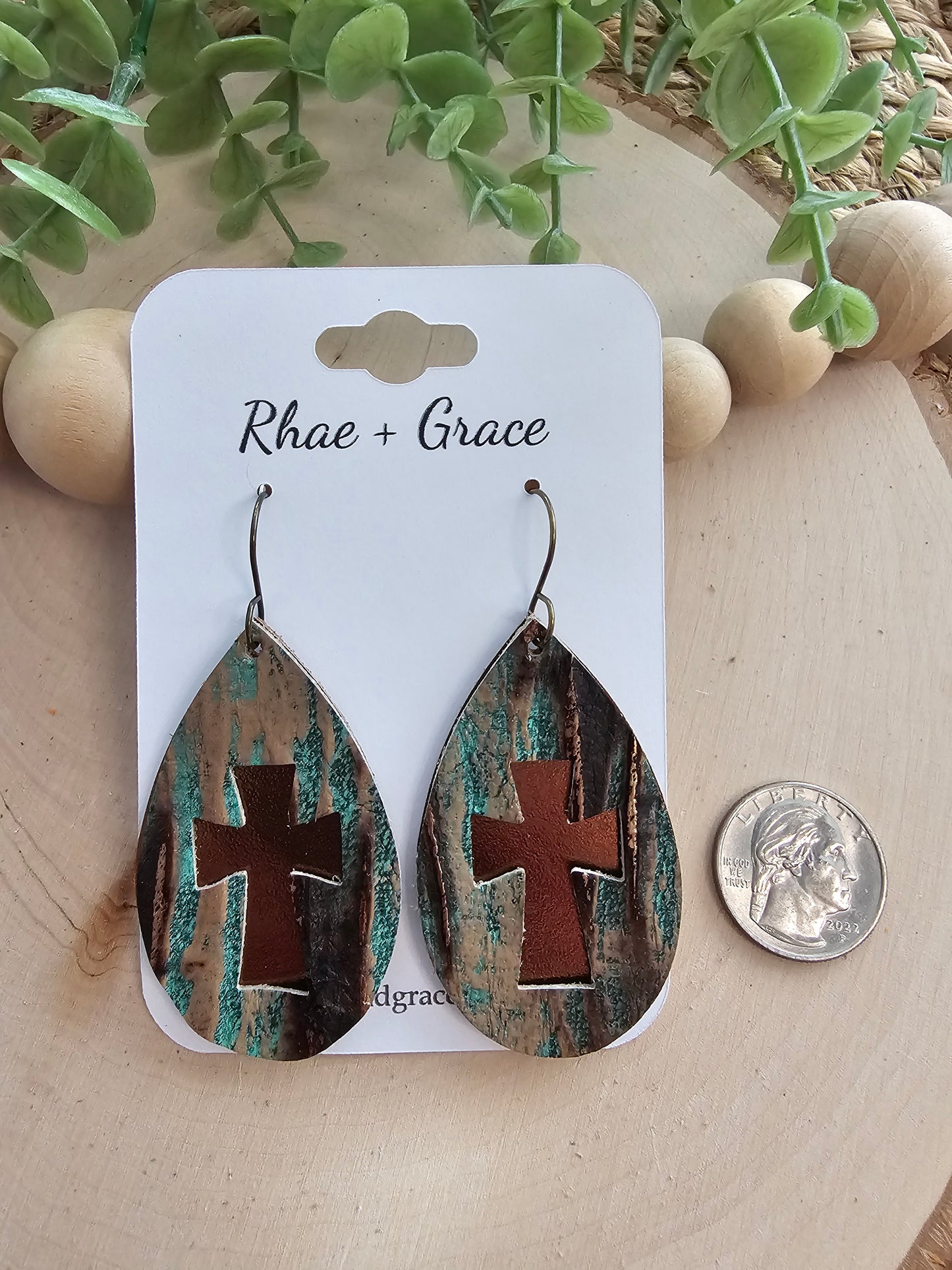 Rustic Teal Beachwood & Bronze Layered Cross Teardrop Earrings