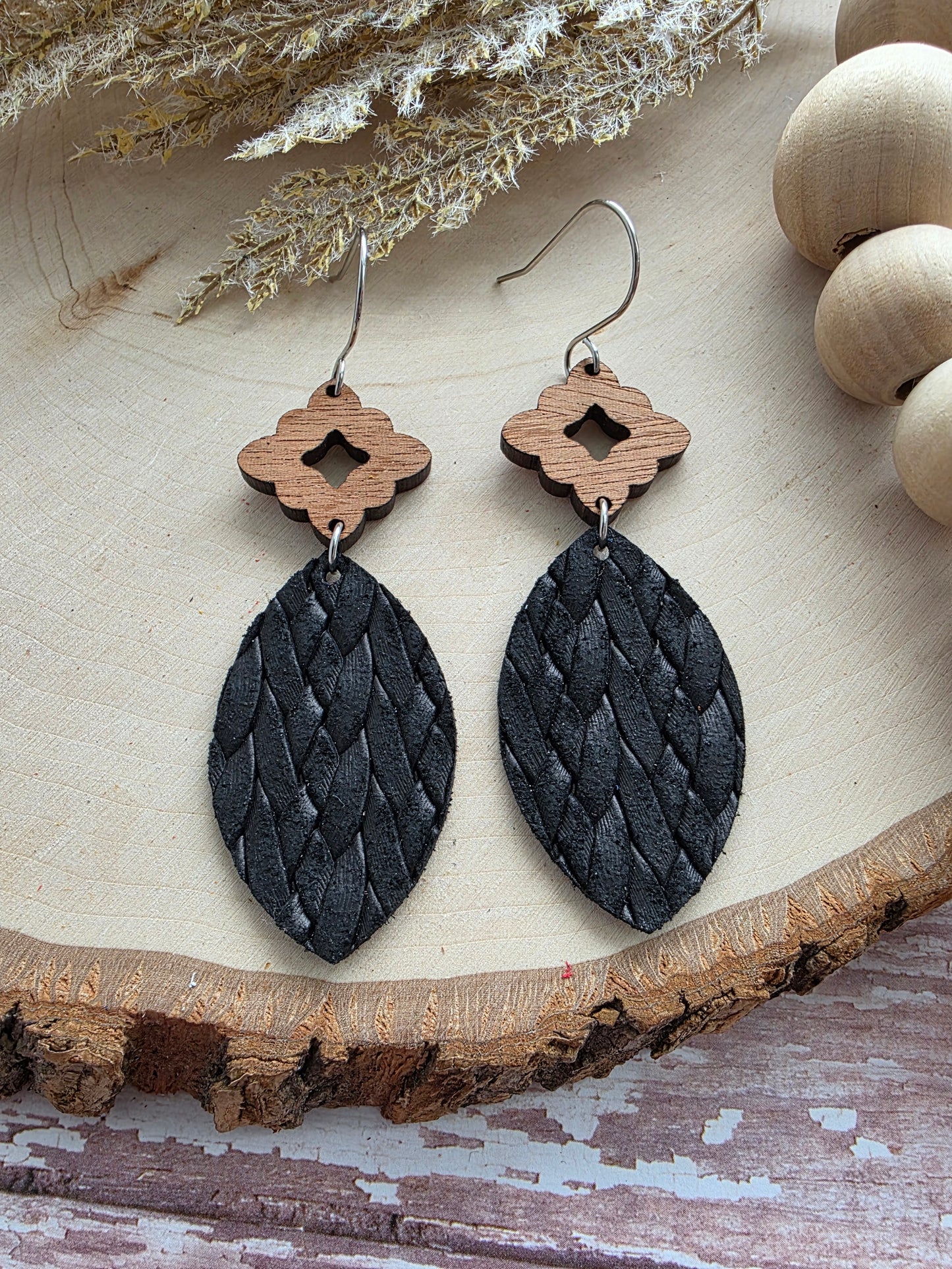 Black Leather Leaf Earrings