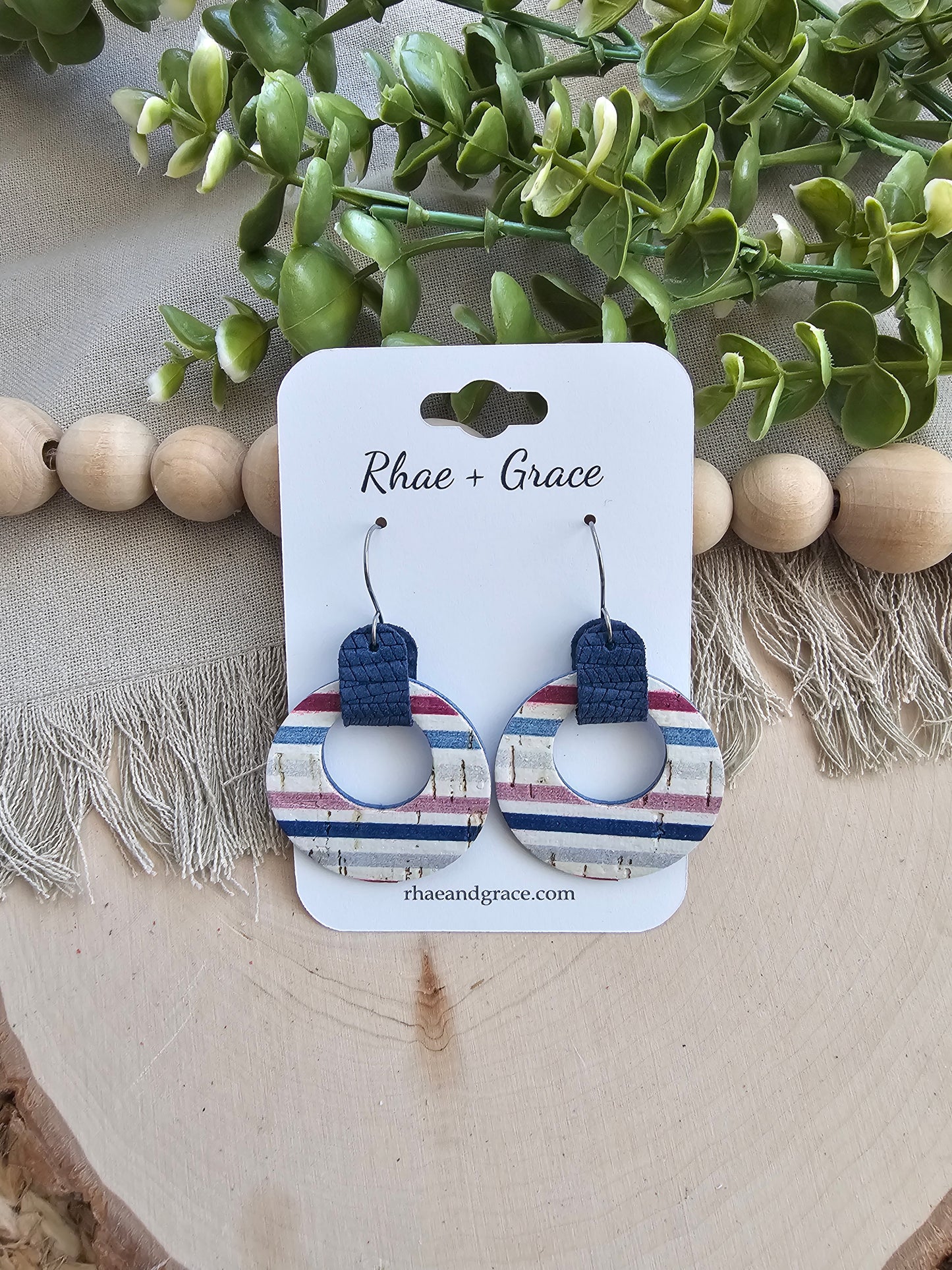 Striped Blue, White & Maroon Looped Cicle Cutout Earrings