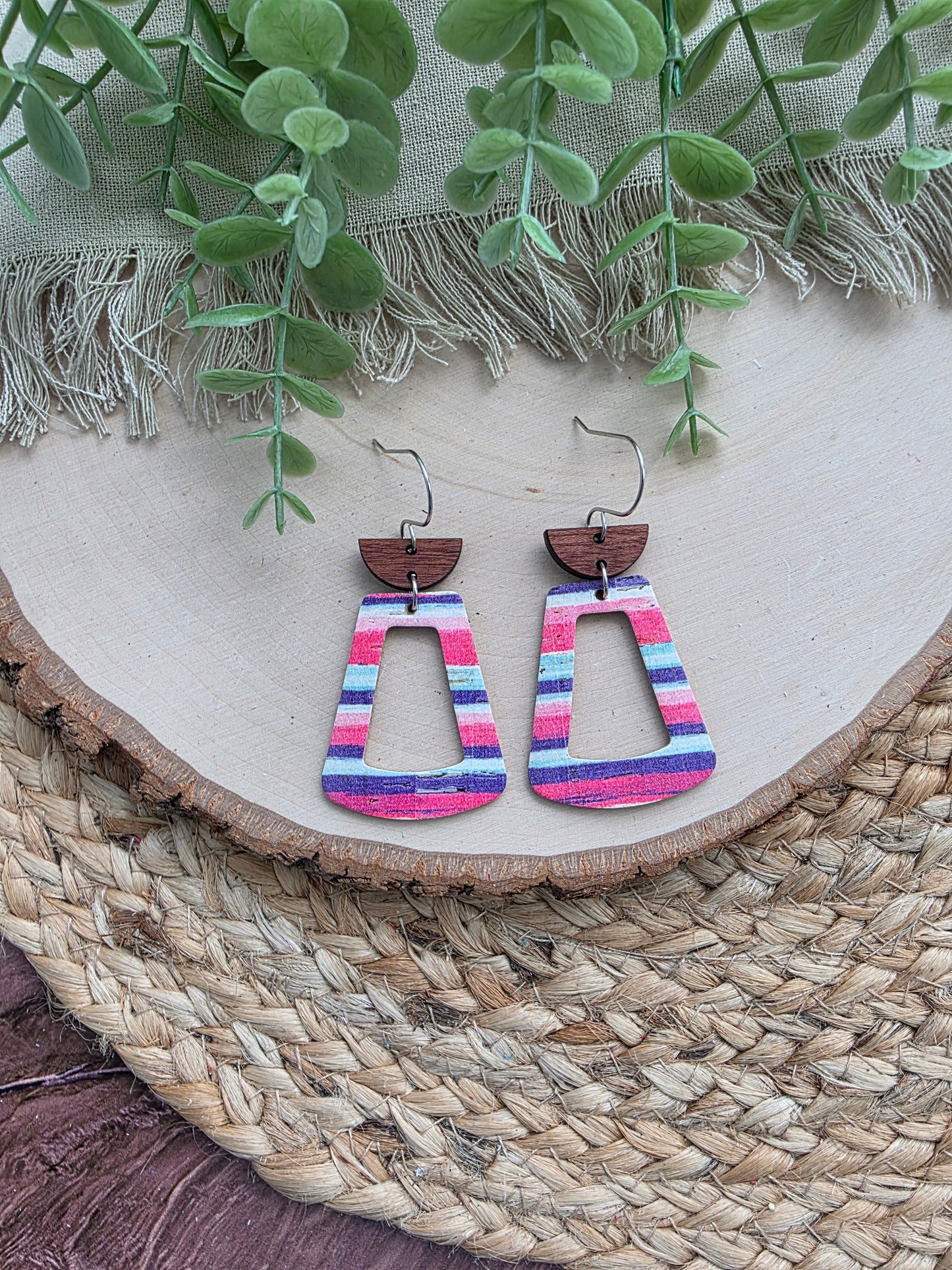 Pink & Purple Striped Open Trapezoid Earrings
