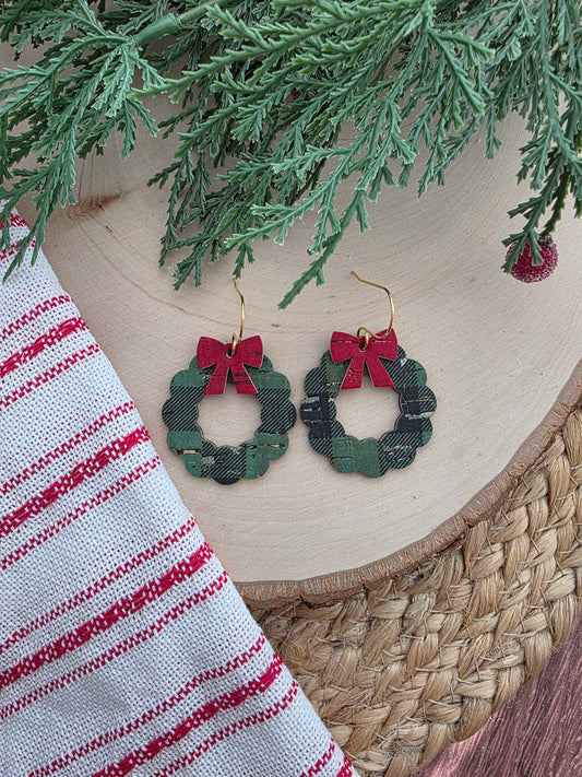 Green Buffalo Plaid Christmas Wreath Earrings