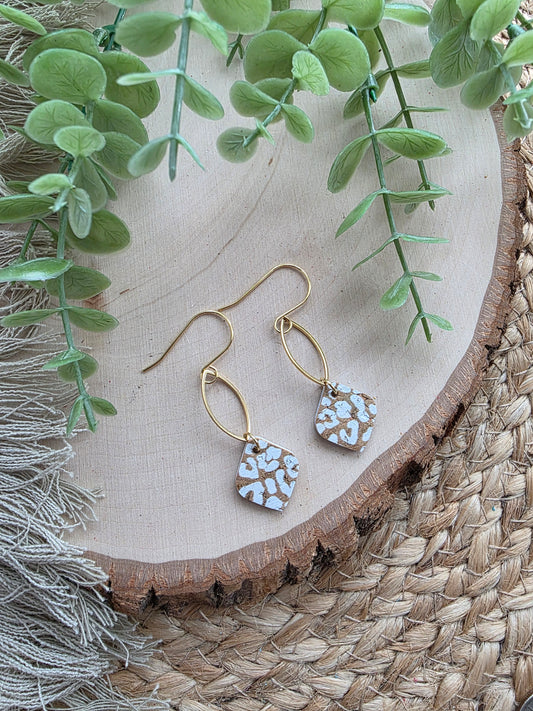 Dainty Gold & White Leopard Print Diamon Drop Earrings