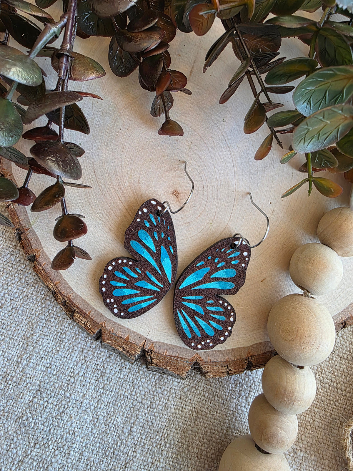 Blue Morpho Butterfly Wing Wood Earrings