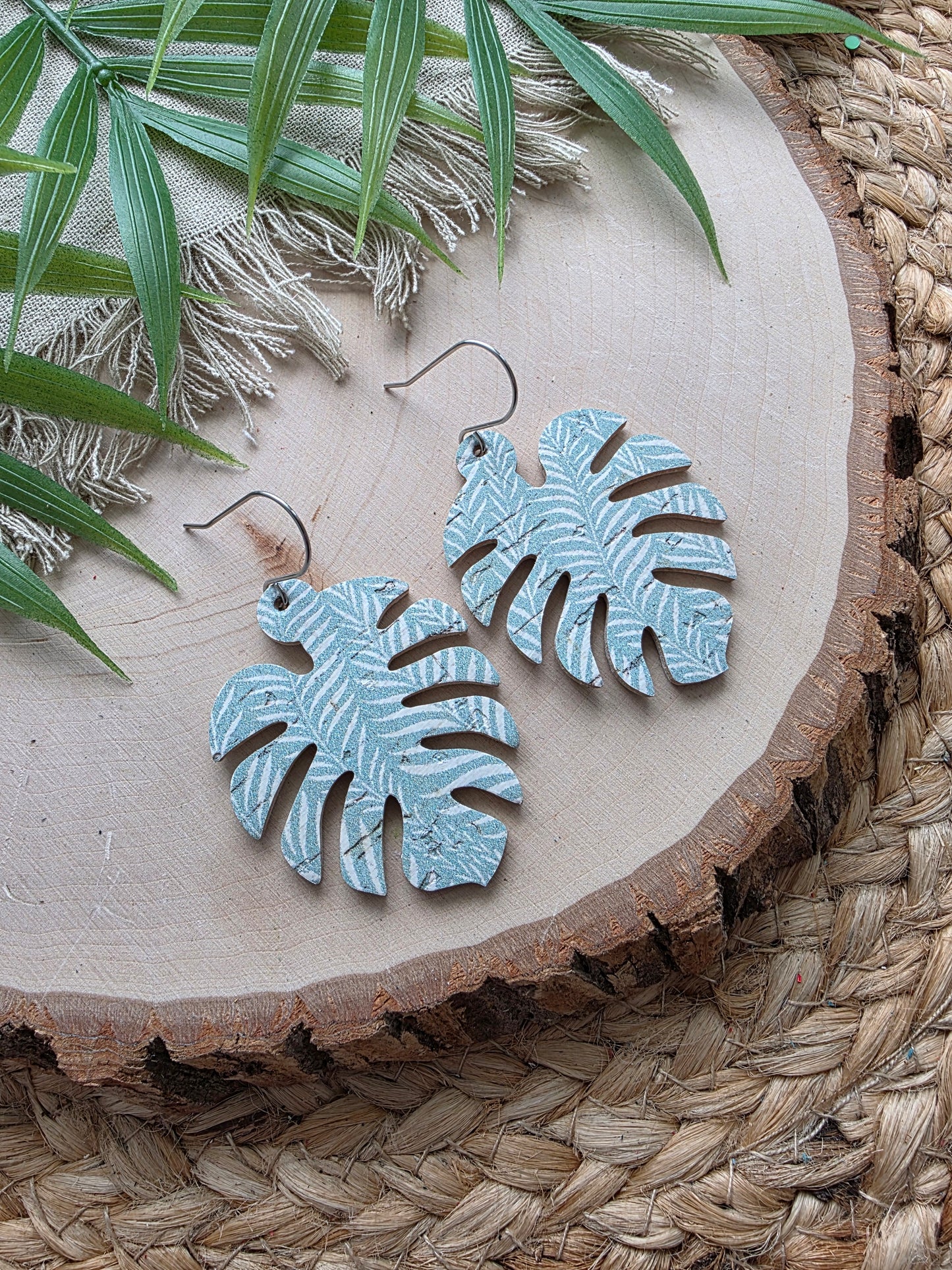 Seafoam Green Foliage Monstera Palm Leaf Earrings