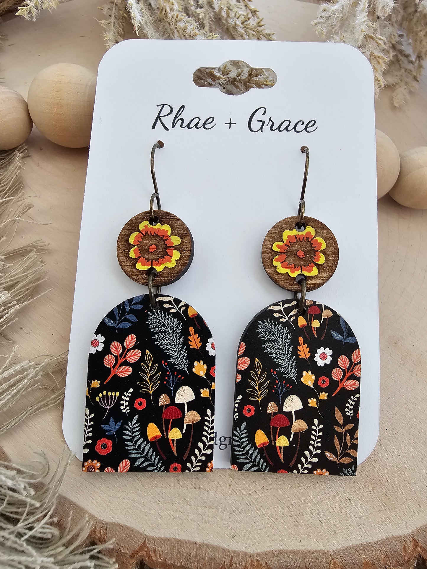 Autumn Mushroom Floral Closed Arch Drop Earrings