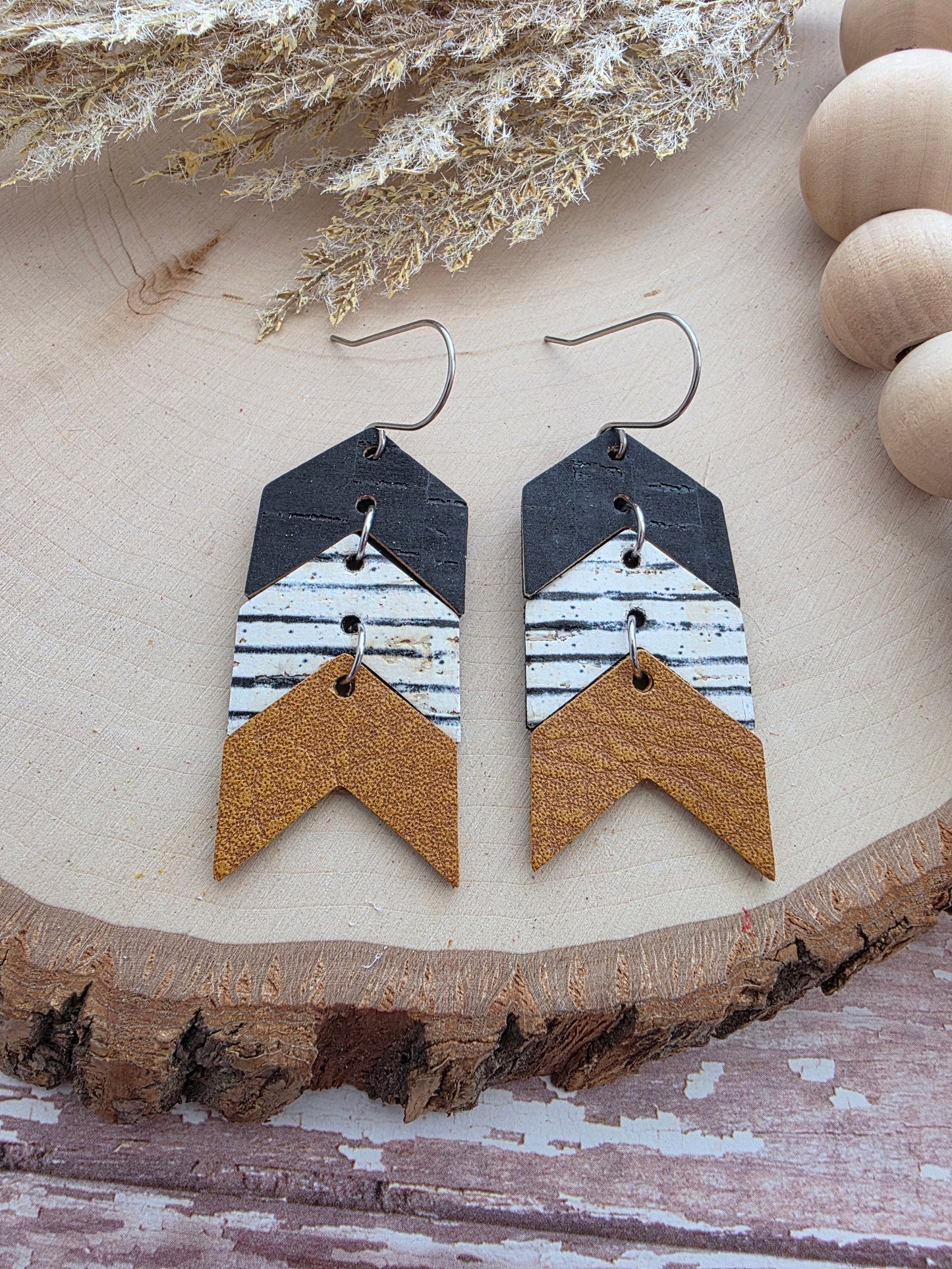 Black, White & Brown Striped Triple Chevron Arrow Earrings