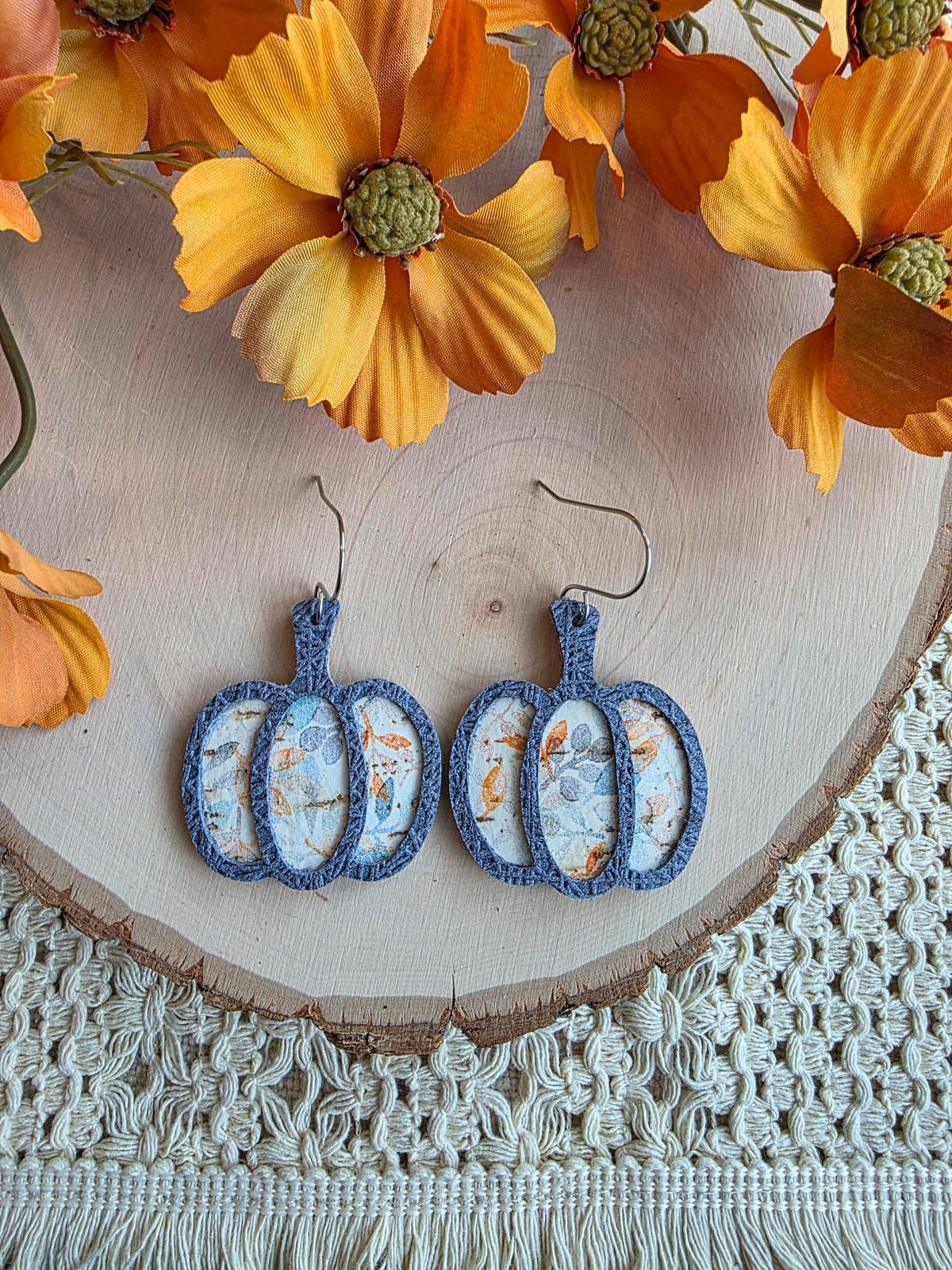 Whimsy Gray Blue Floral Pumpkin Earrings