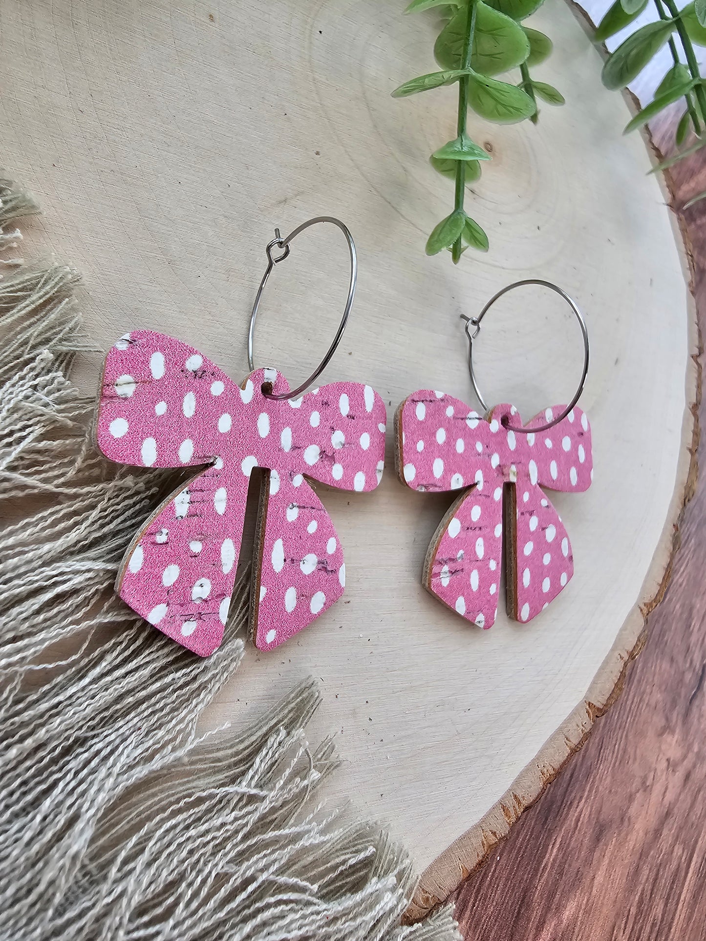 Pink & White Dotted Bow Earrings