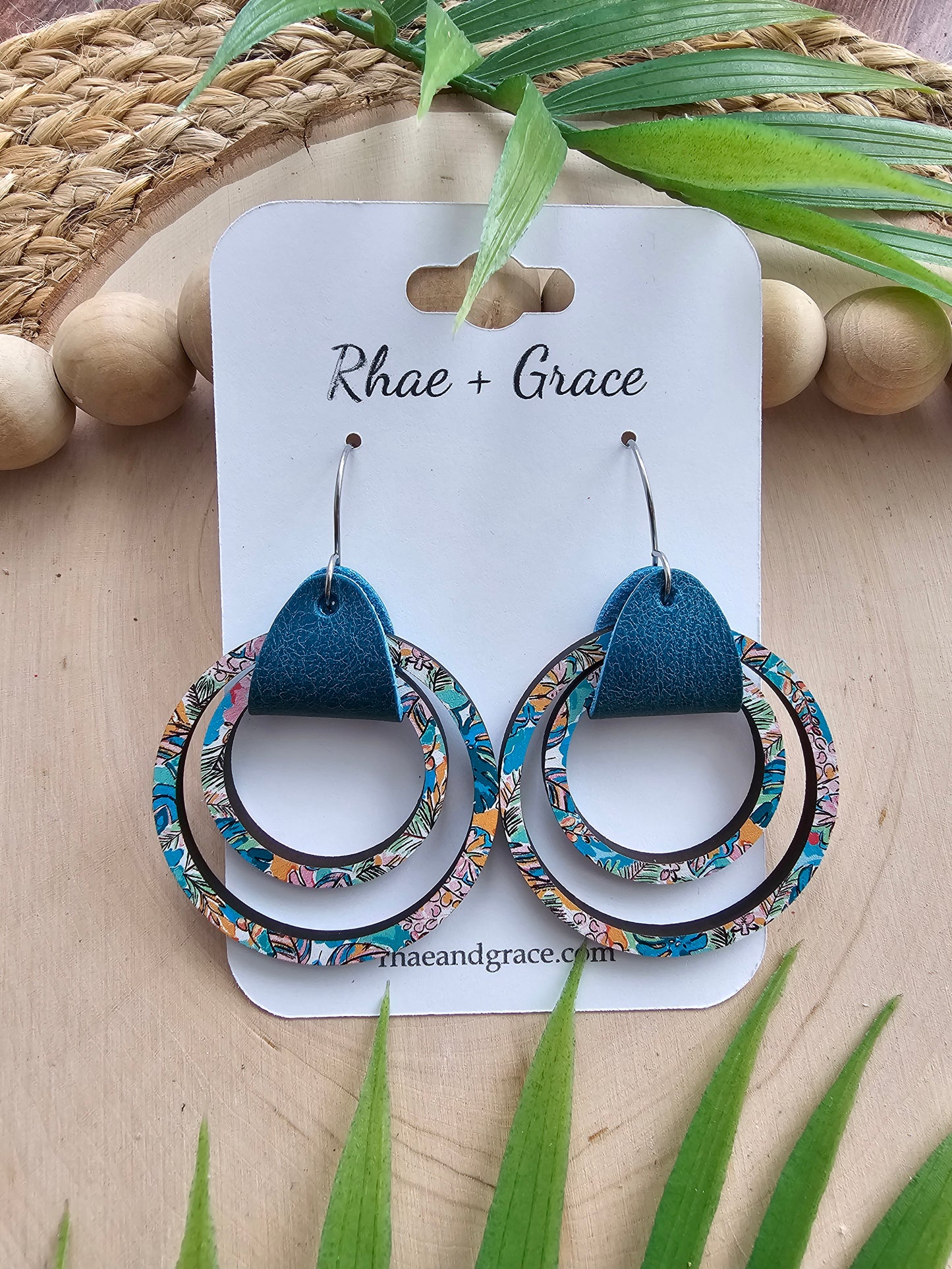 Tropical Leather & Wood Hoop Earrings