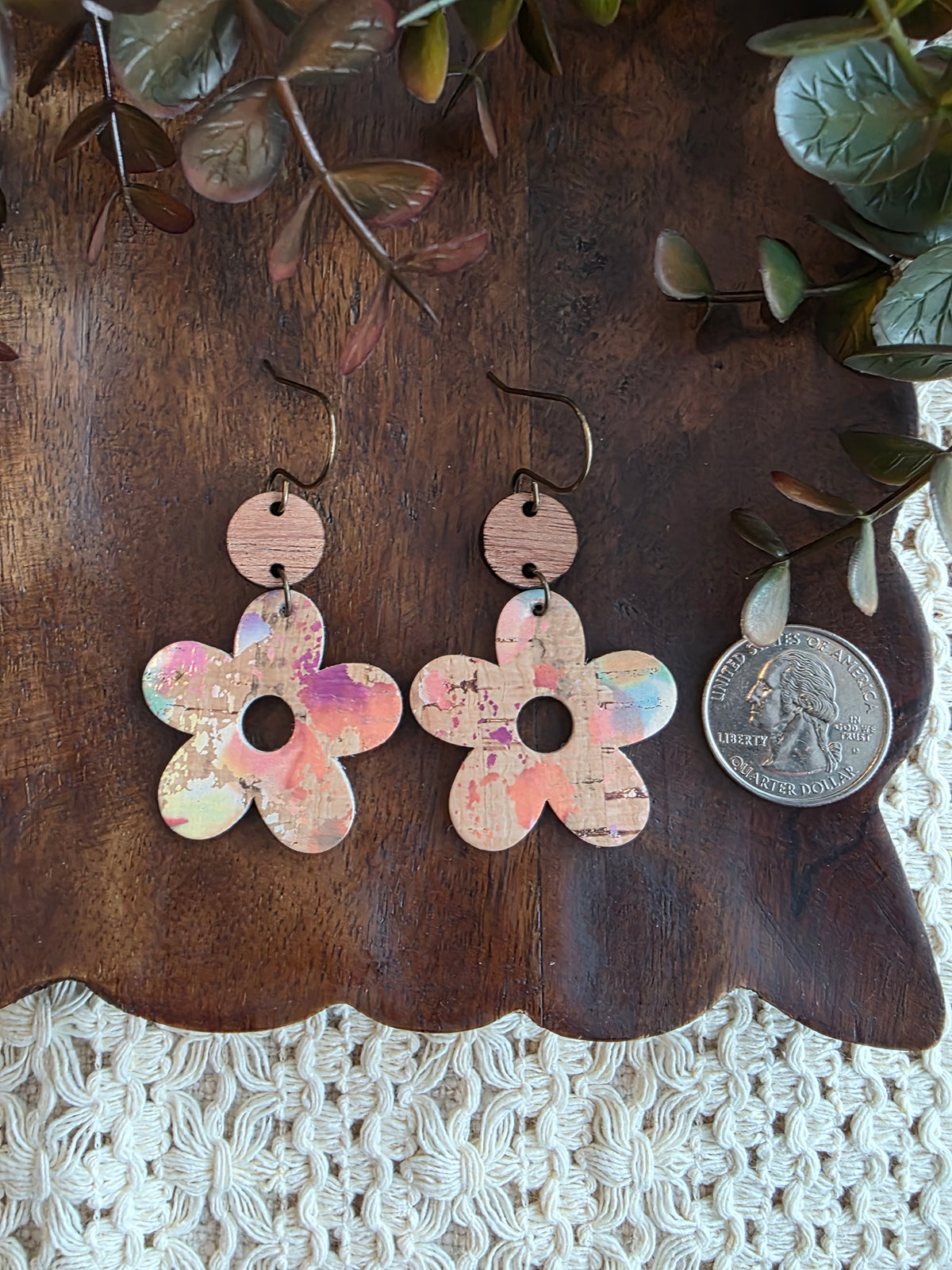 Paint Splatter Natural Cork Flower Earrings