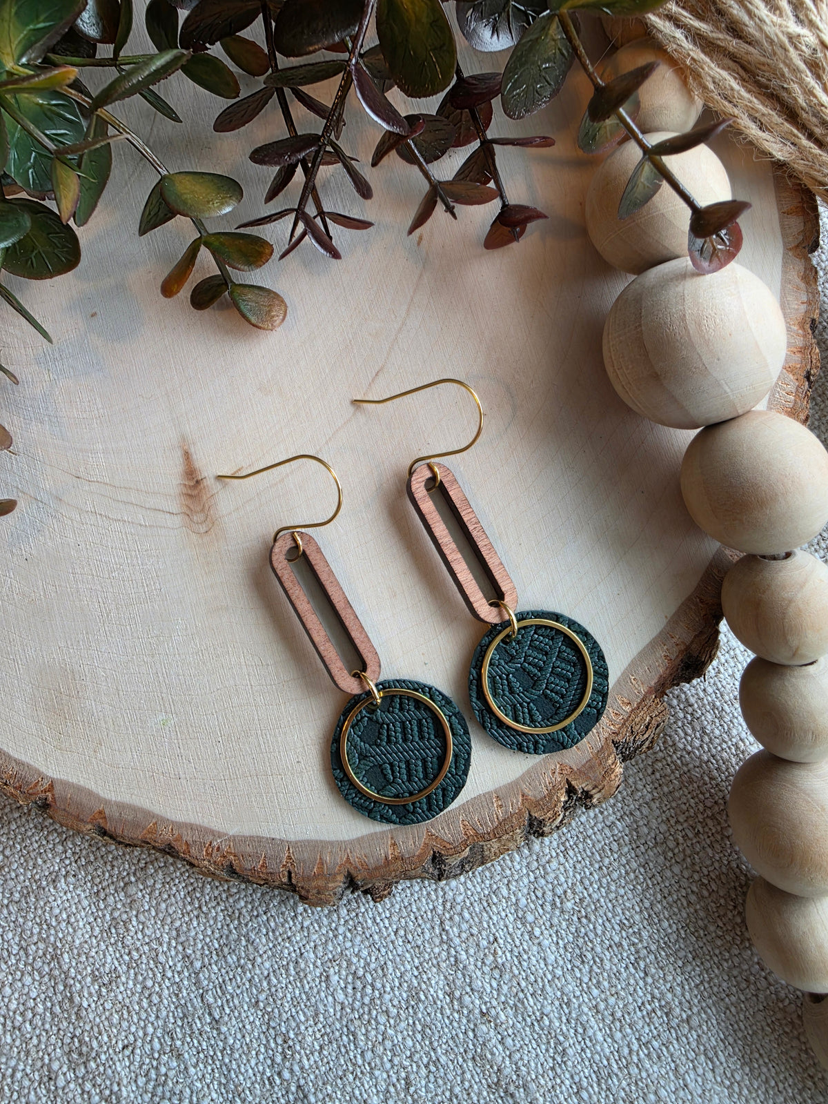 Dark Green & Gold Round Drop Earrings