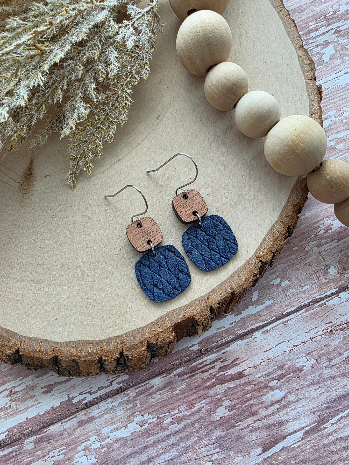 Navy Blue Braid Embossed Rounded Square Earrings