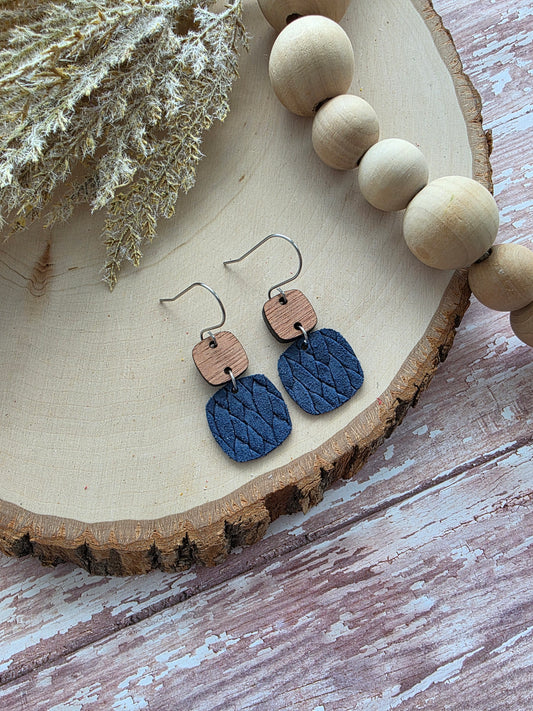 Navy Blue Braid Embossed Rounded Square Earrings