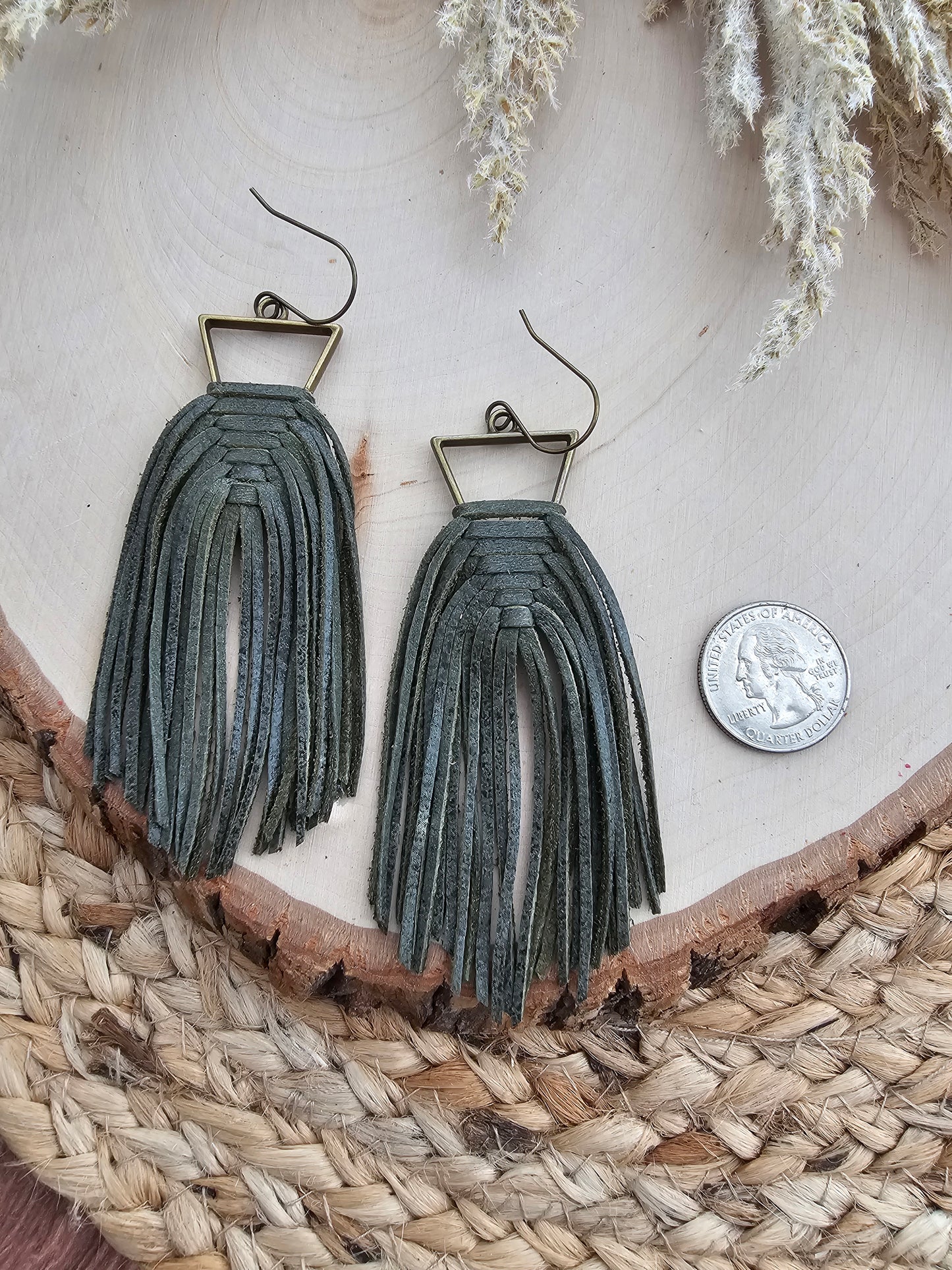 Olive Green Leather Woven Triangle Fringe Statement Earrings