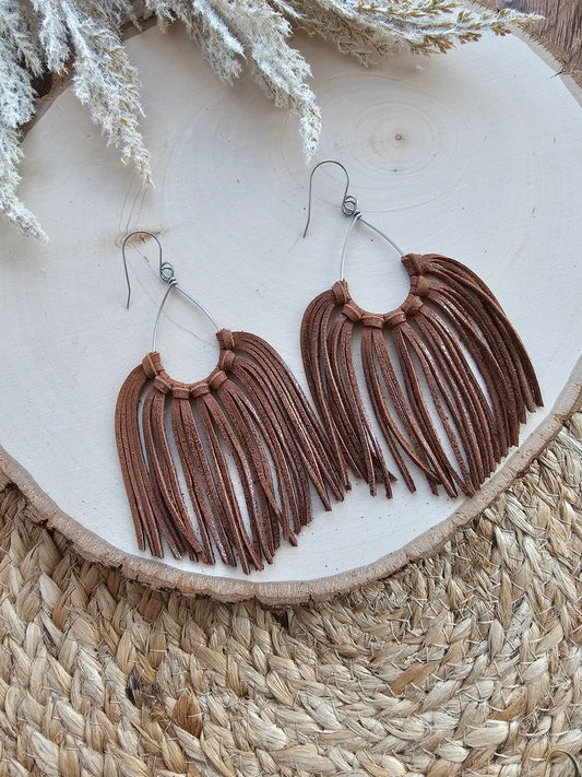 Brown Leather Fringe Statement Earrings