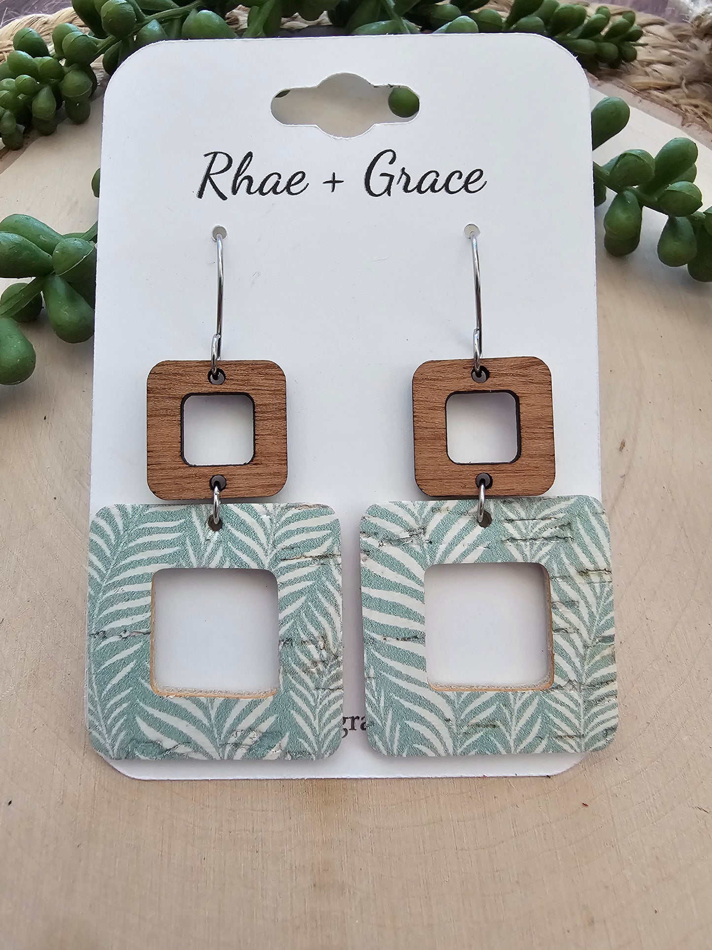 Seafoam Foliage Rounded Square Cutout Earrings