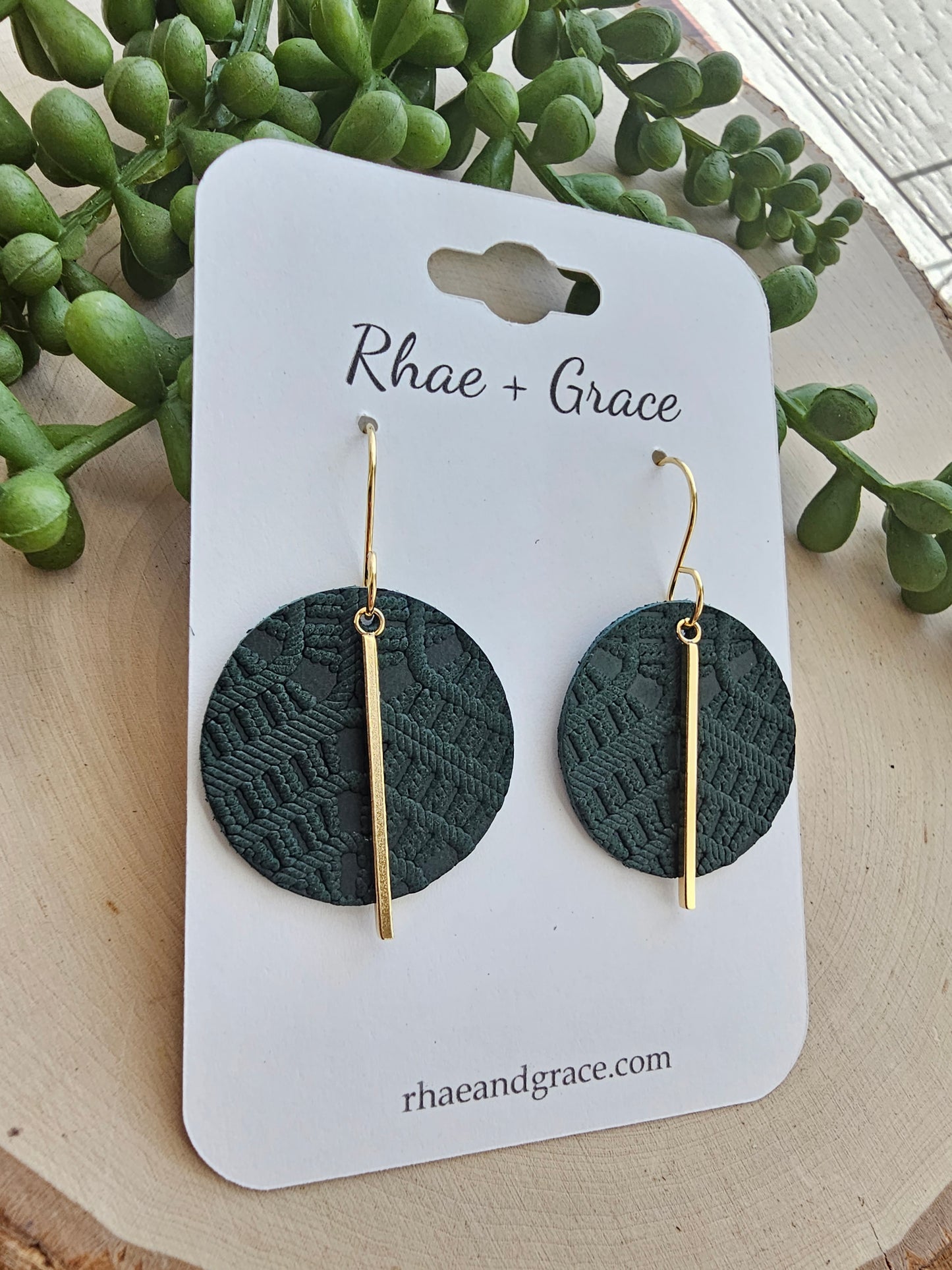 Forest Green & Gold Embossed Circle Drop Earrings