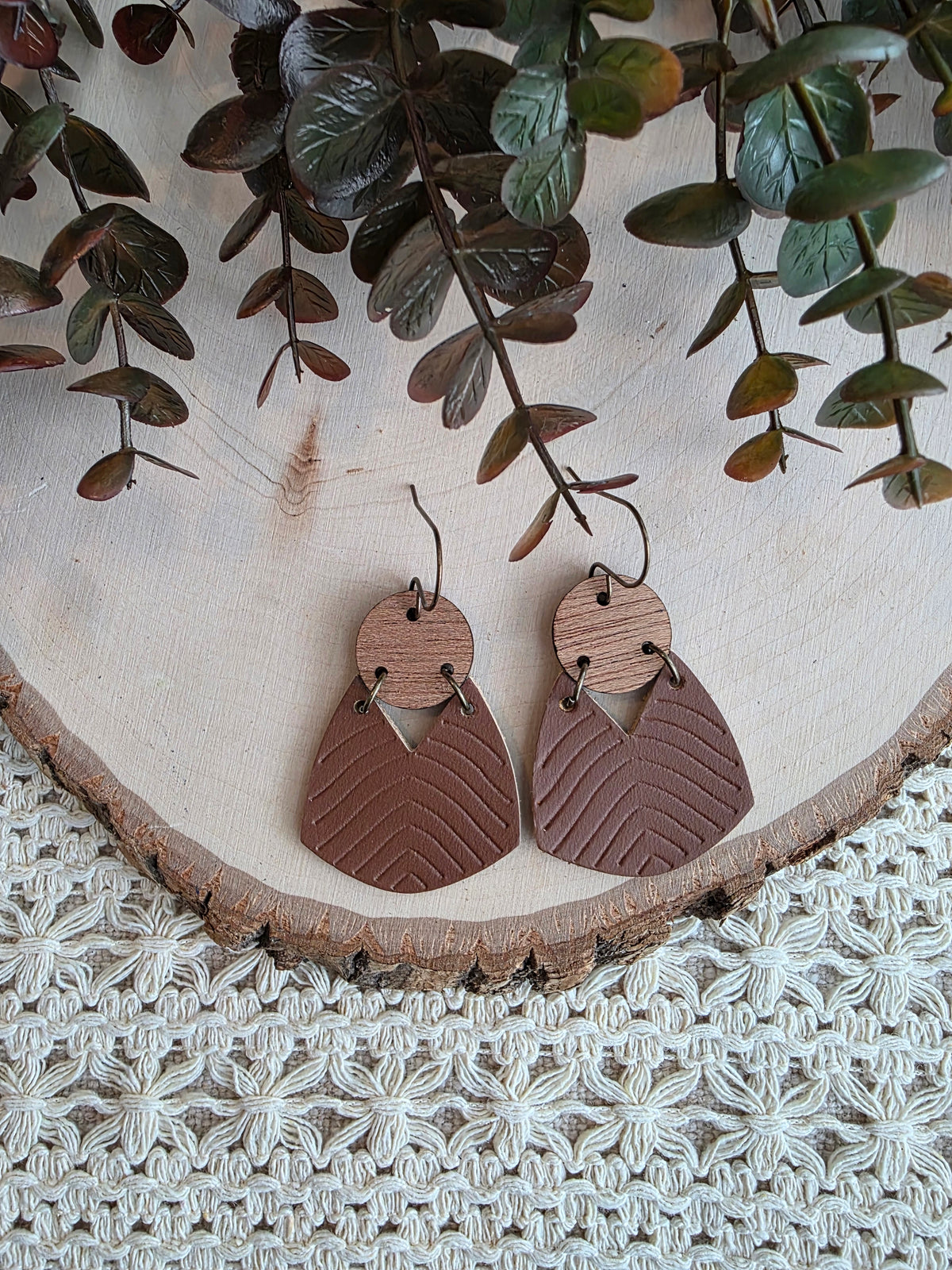 Geometric Boho Embossed Chevron Earrings - Dark Brown