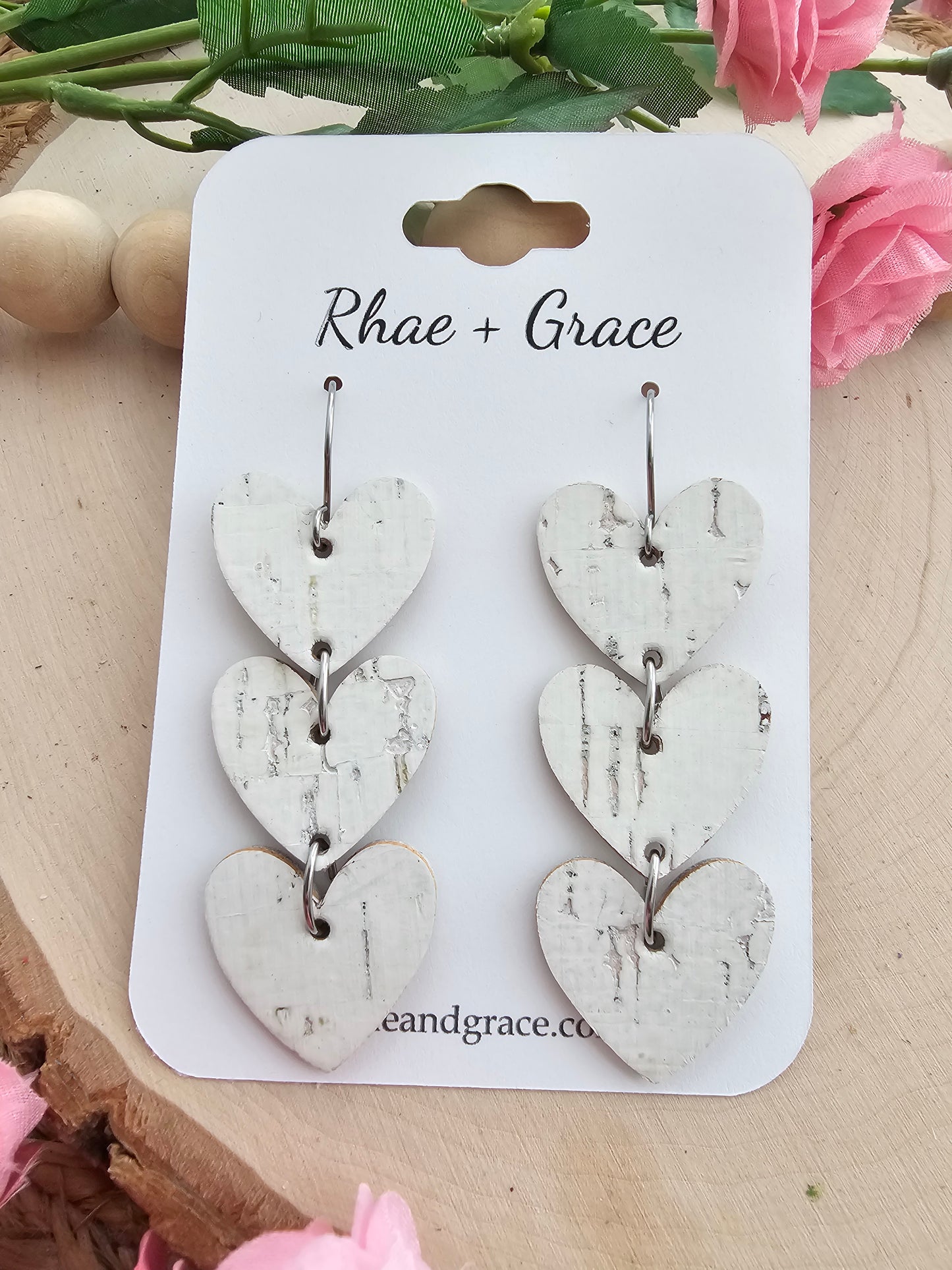 White Birch Stacked Heart Earrings