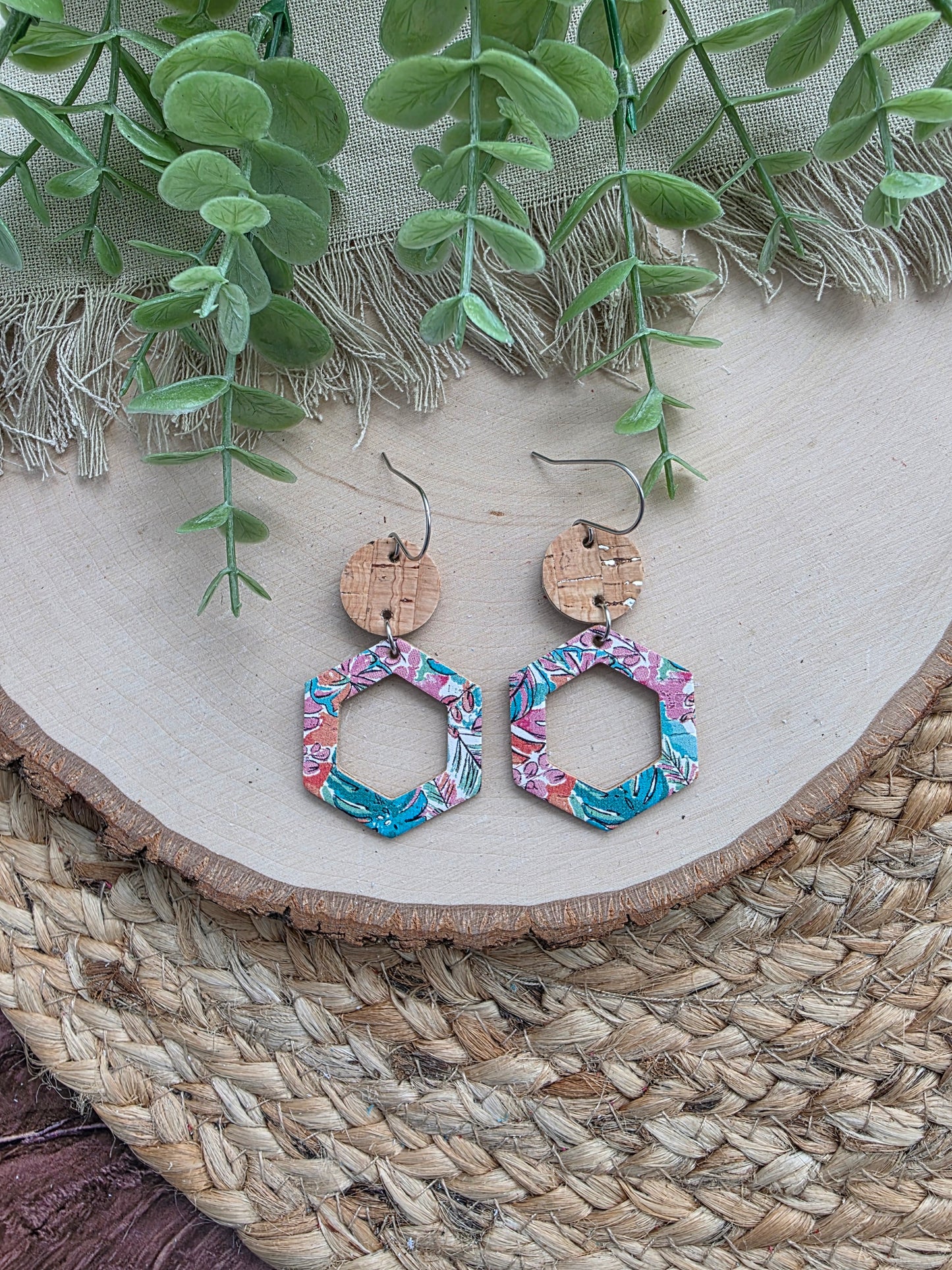 Tropical Monstera Hexagon Cutout Earrings