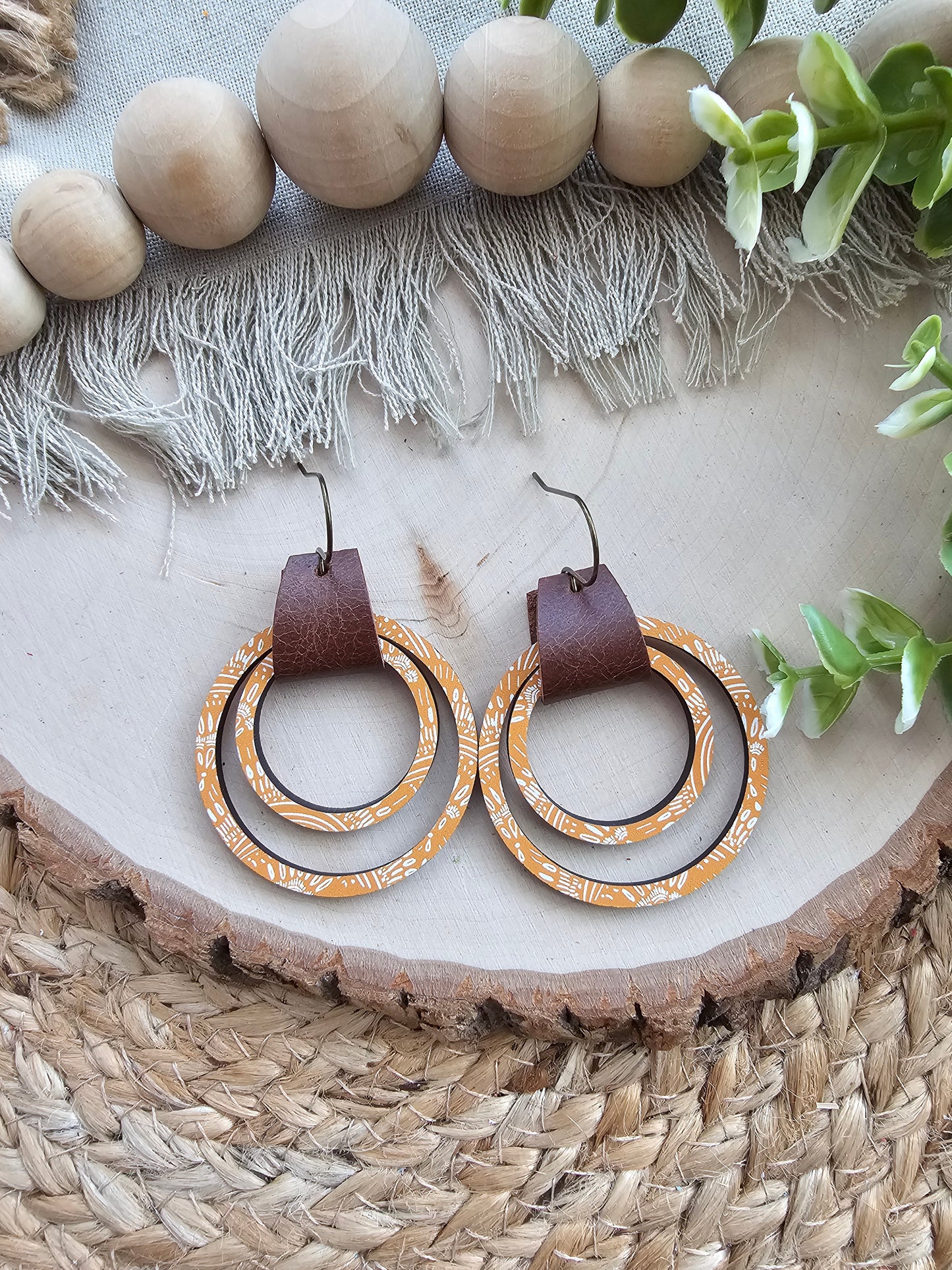 Mustard Boho Brown Leather & Double Wood Hoop Earrings