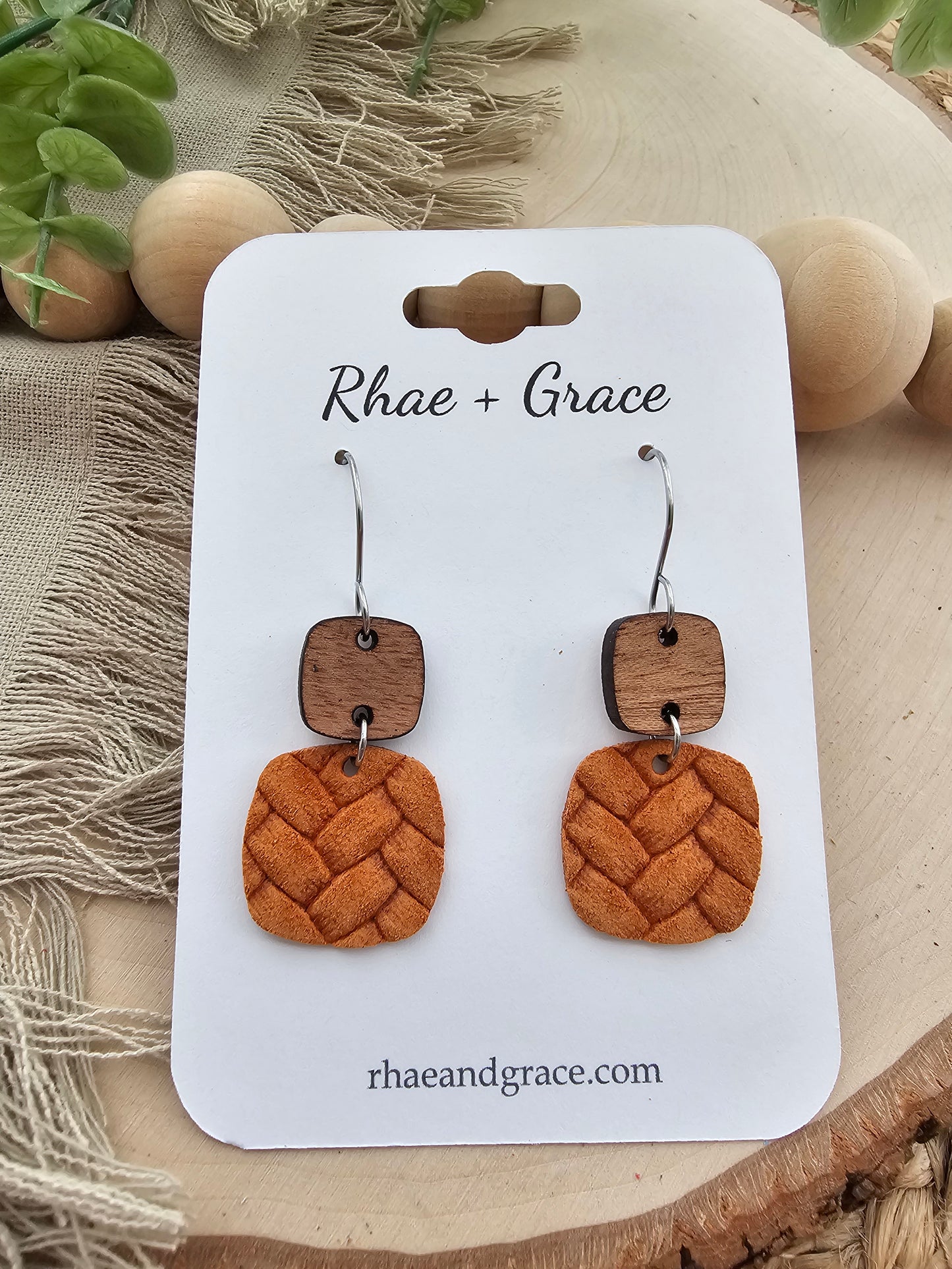 Ginger Orange Embossed Braid Rounded Square Earrings