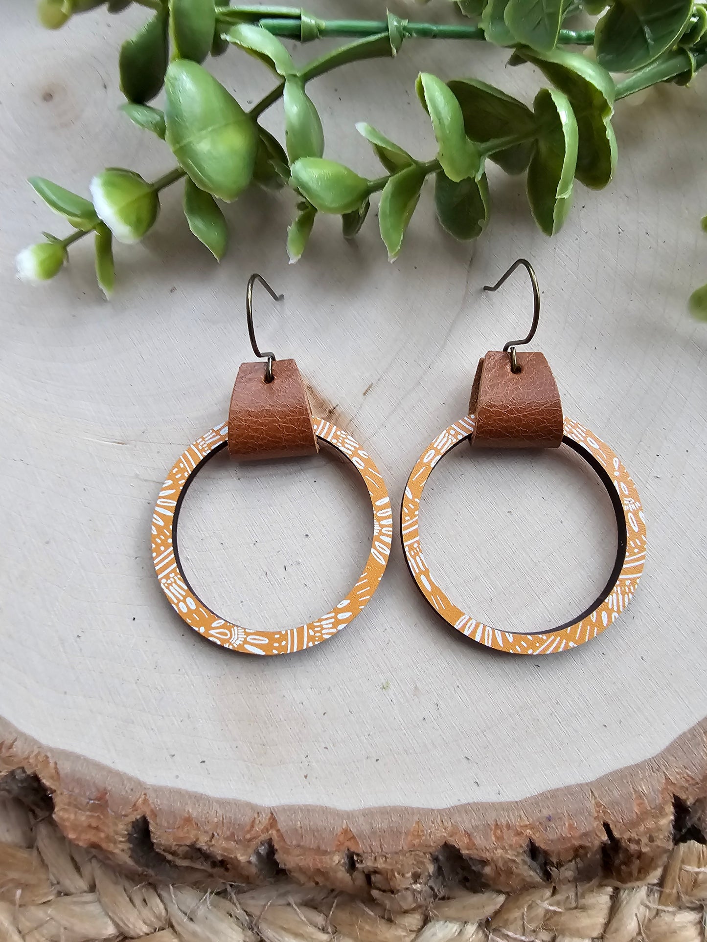 Mustard Boho Brown Leather & Single Wood Hoop Earrings