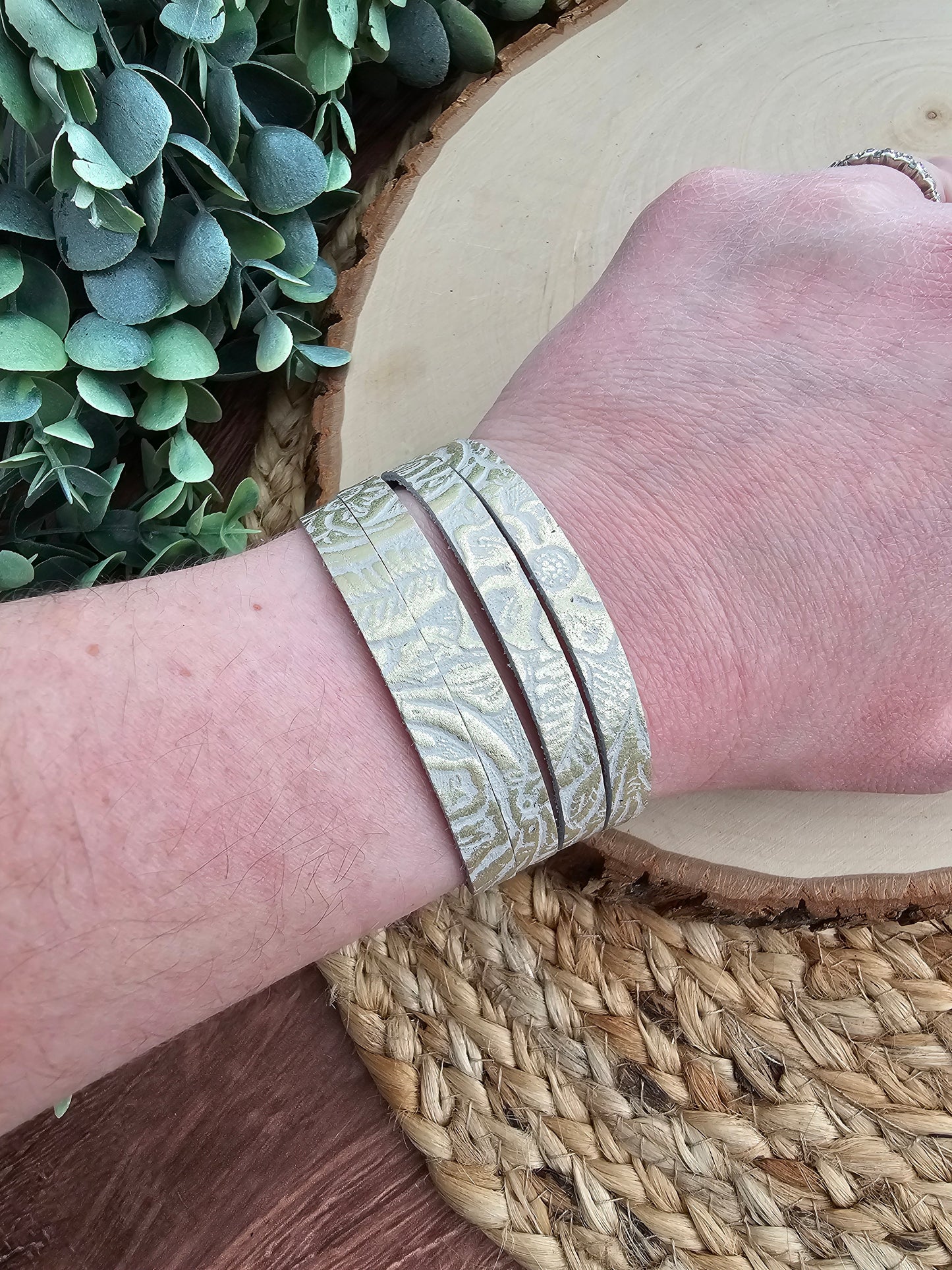 Gold Tooled Rose Slit Cuff Leather Bracelet