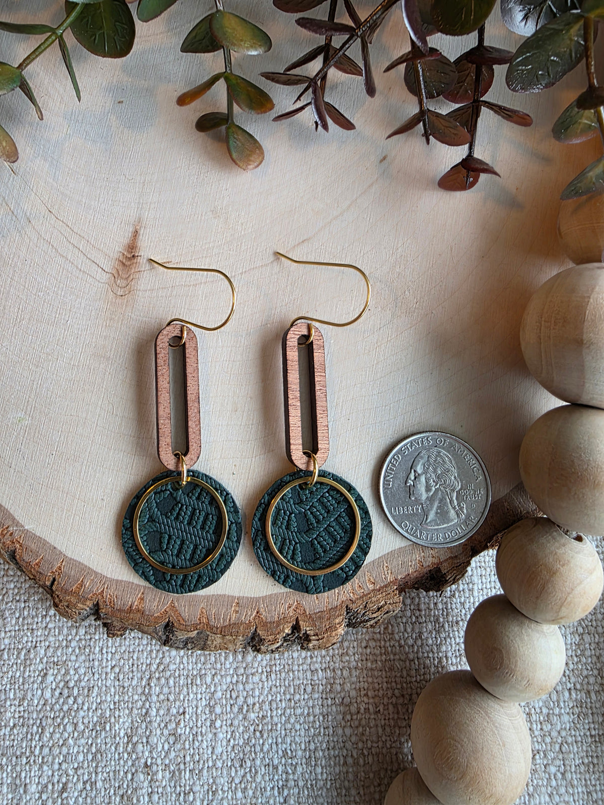 Dark Green & Gold Round Drop Earrings