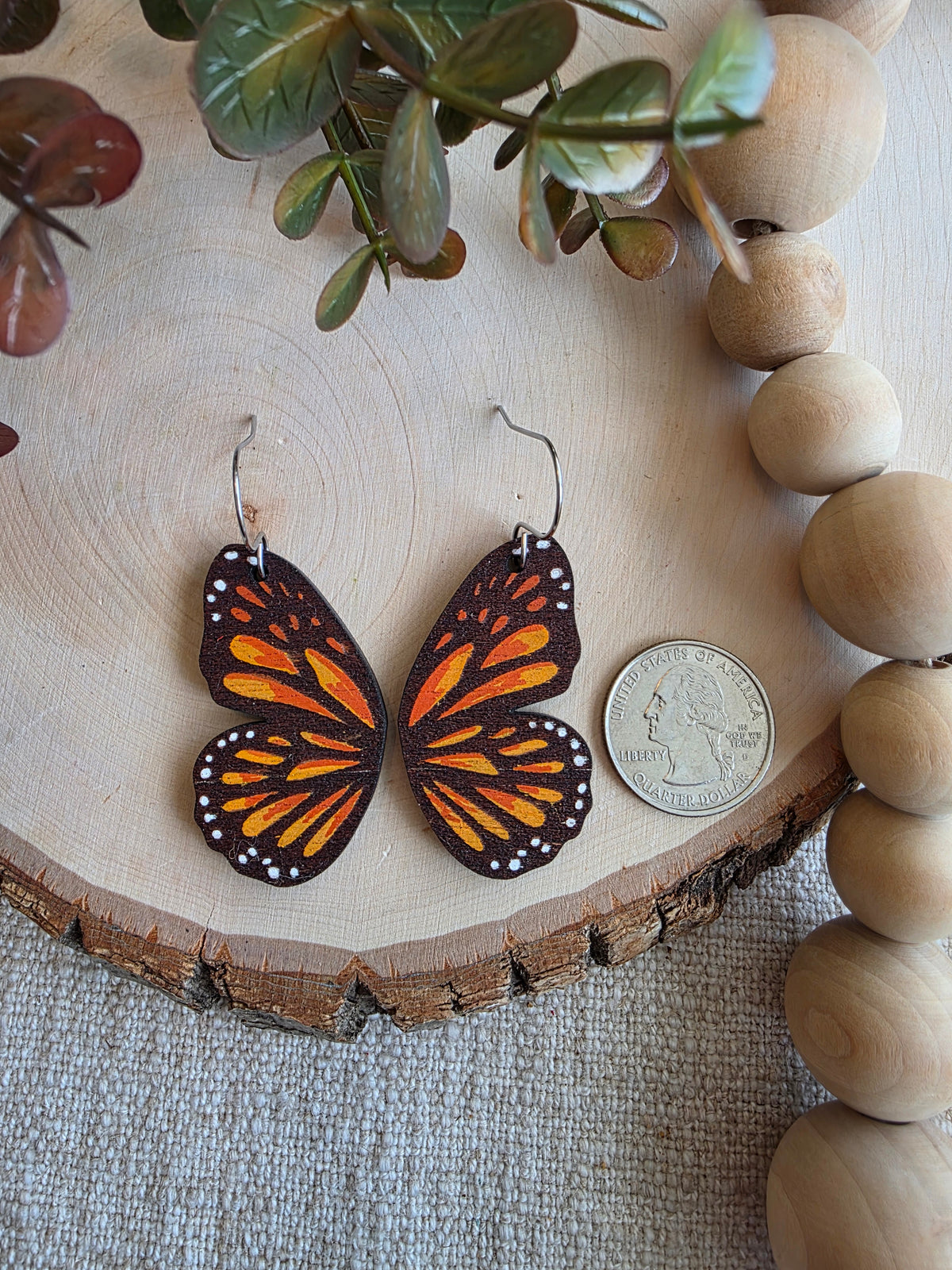 Monarch Butterfly Wing Wood Earrings
