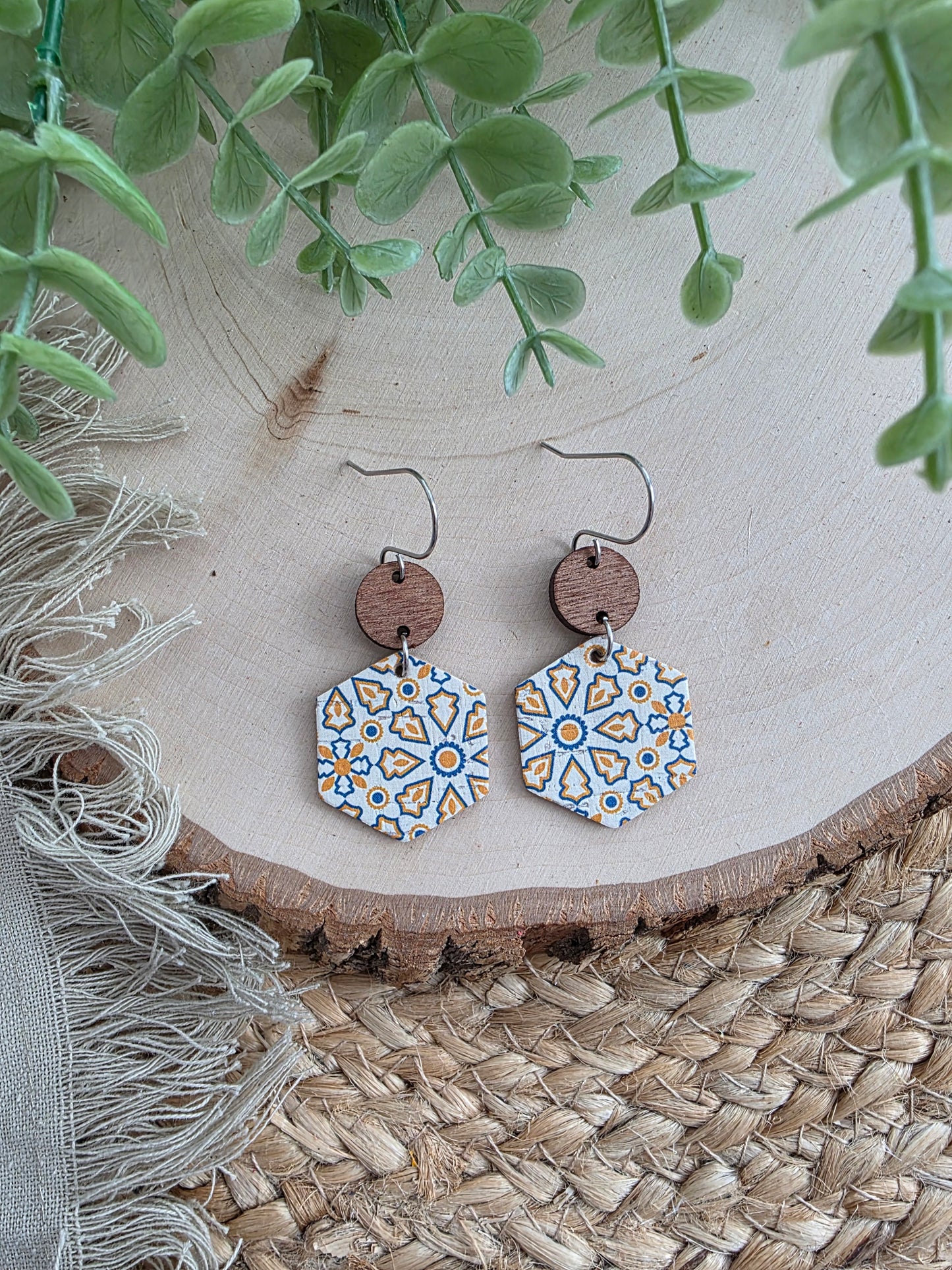 Blue & Yellow Moroccan Tile Hexagon Earrings