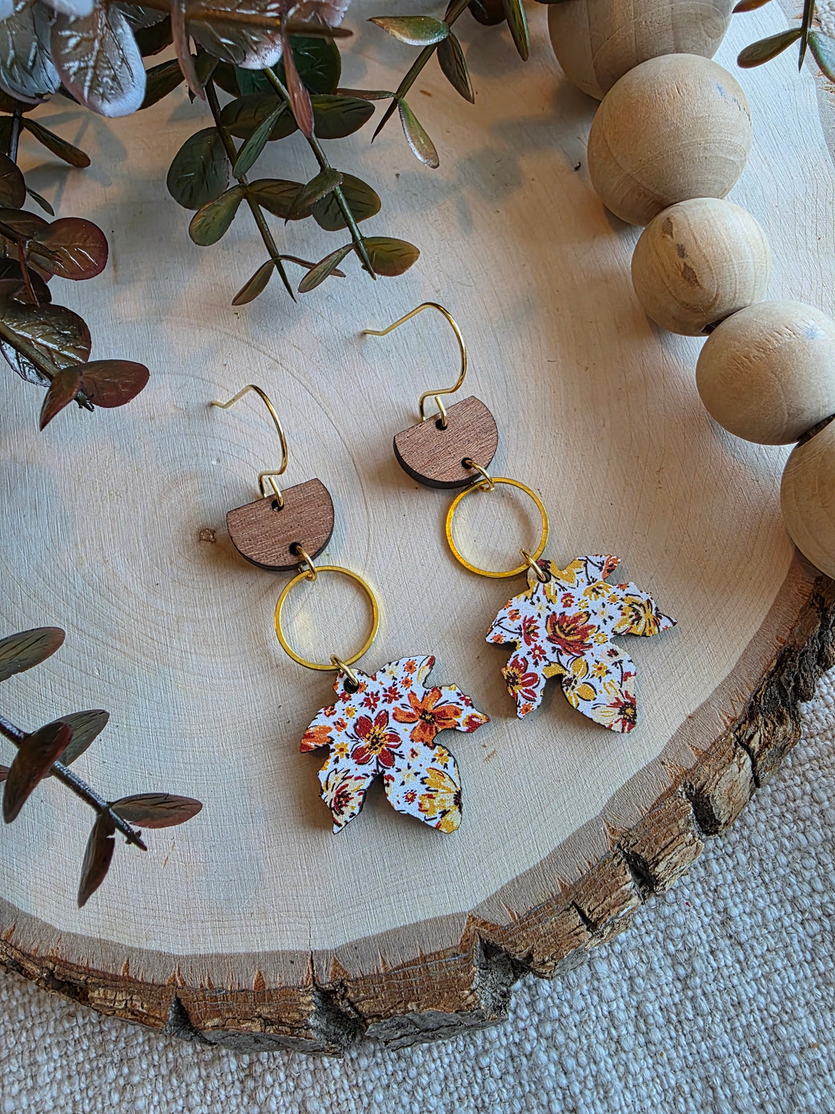 Vintage Floral Maple Leaf Dangle Earrings