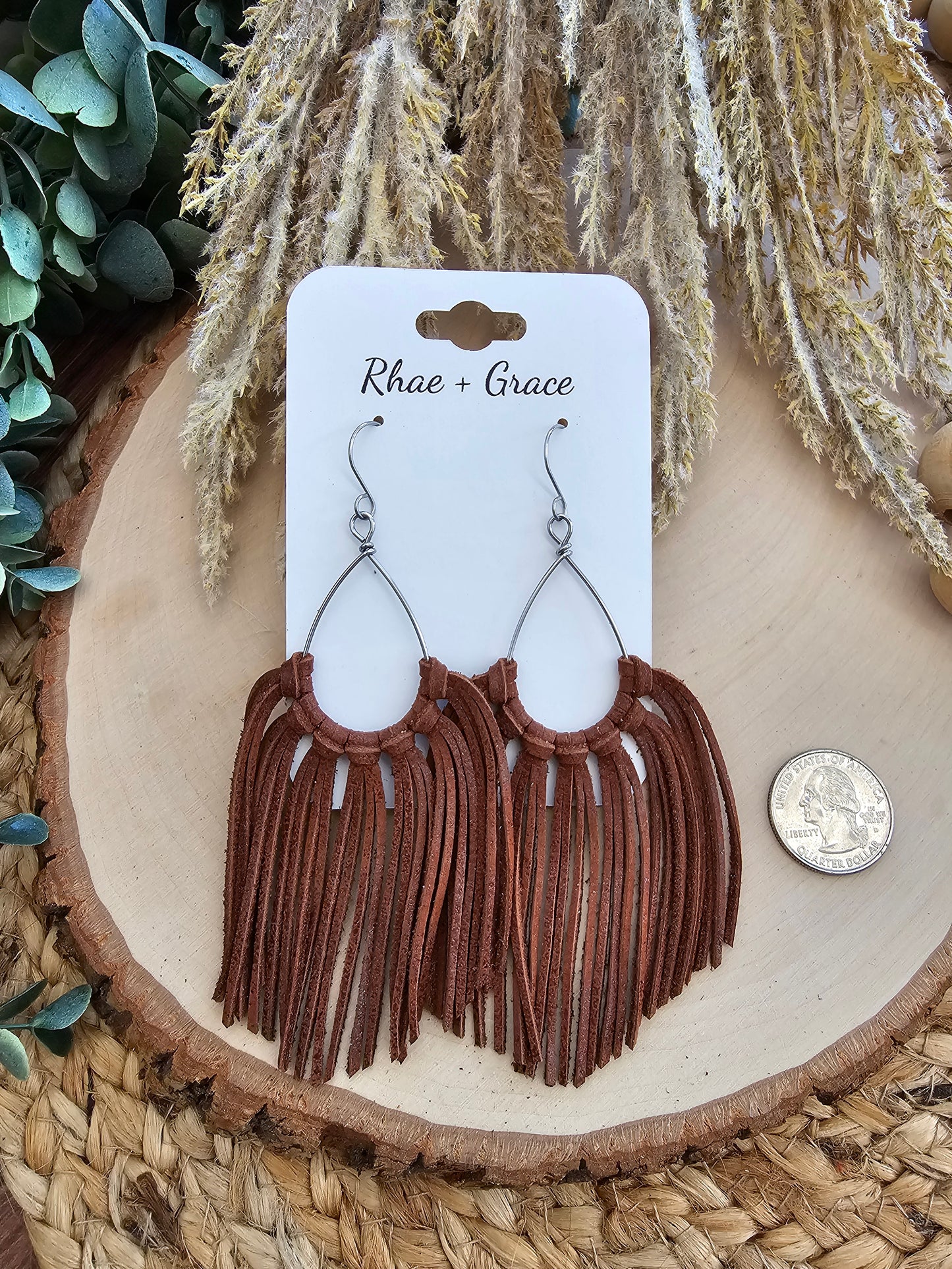 Brown Leather Fringe Statement Earrings