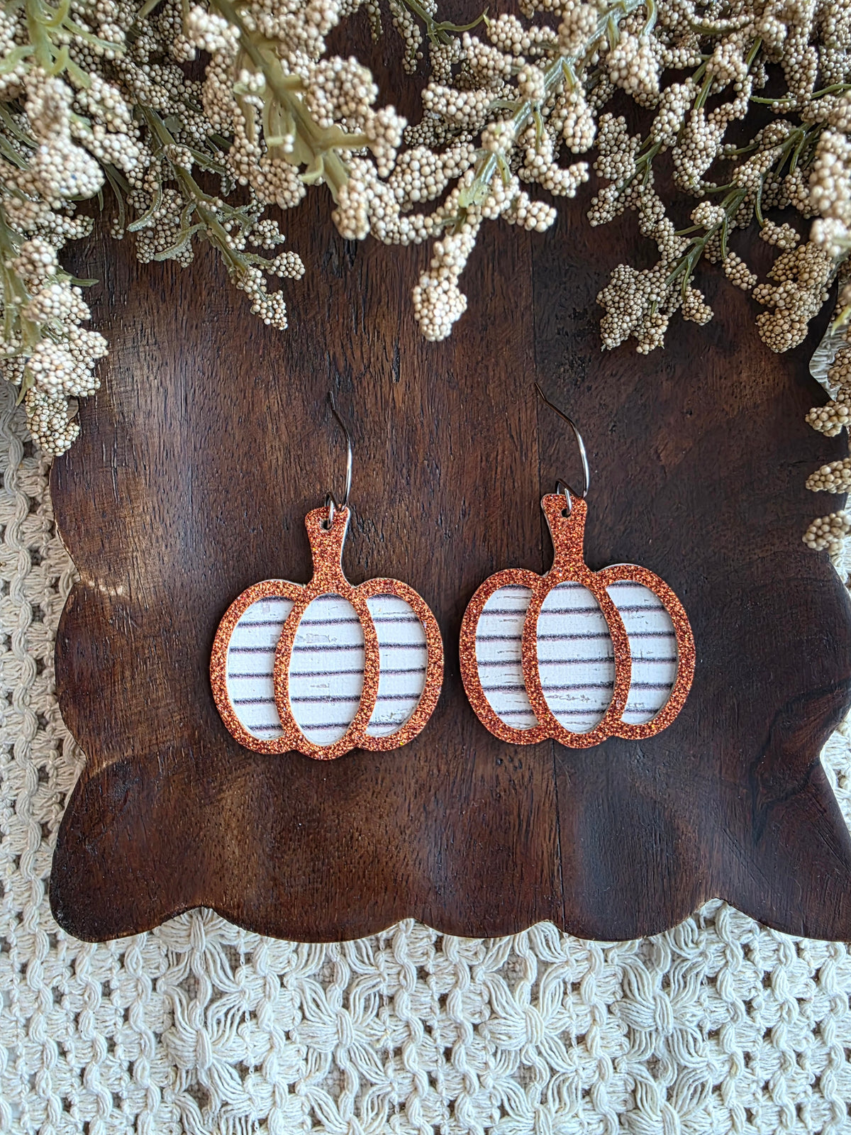 Orange Glitter Striped Pumpkin Earrings