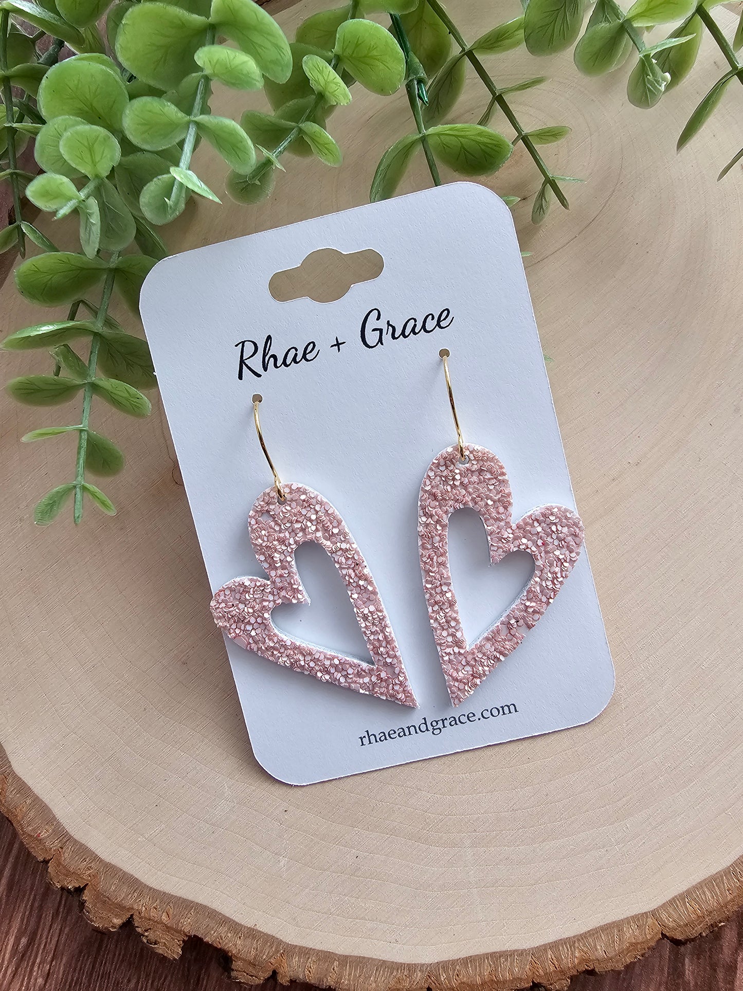 Soft Pink Glitter Open Heart Earrings