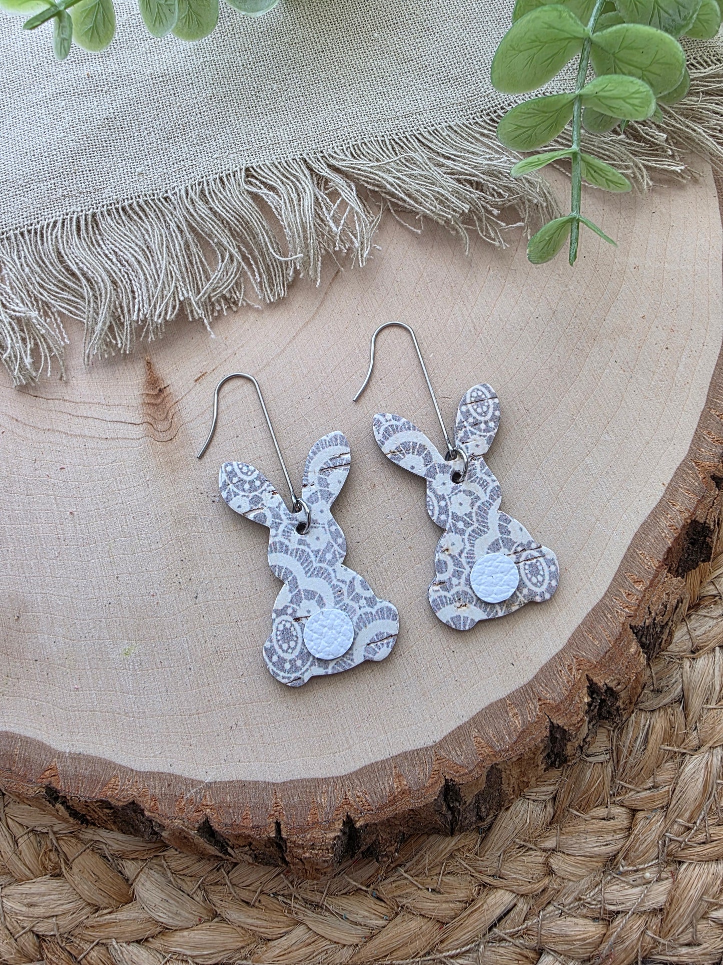 Gray & White Lace Bunny Earrings