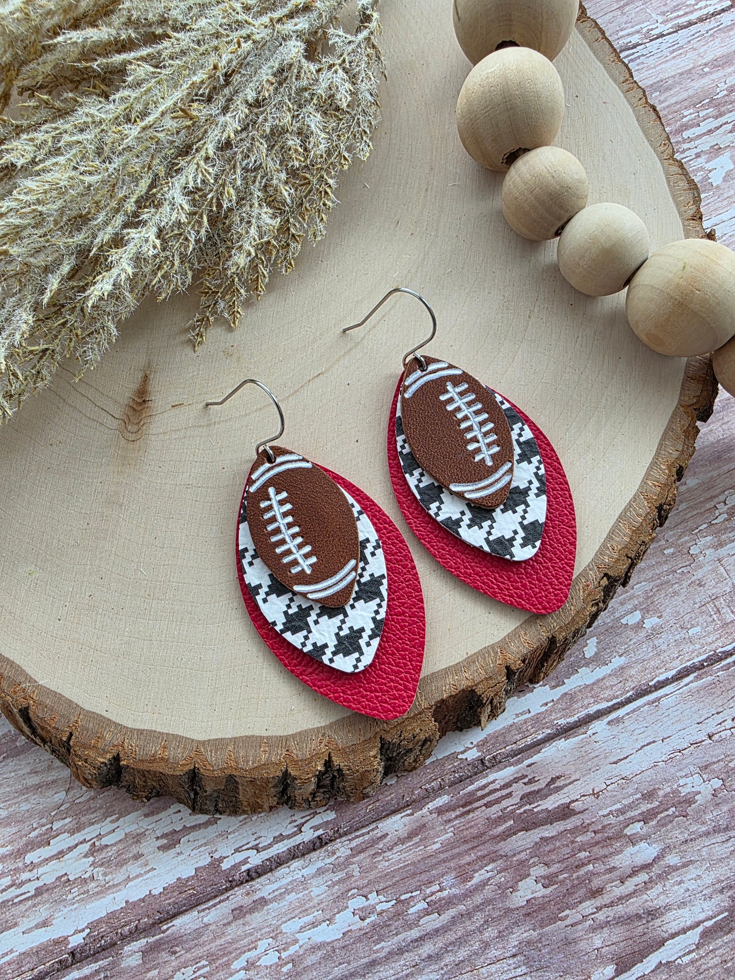 Dark Red & Houndstooth Layered Leather Football Earrings